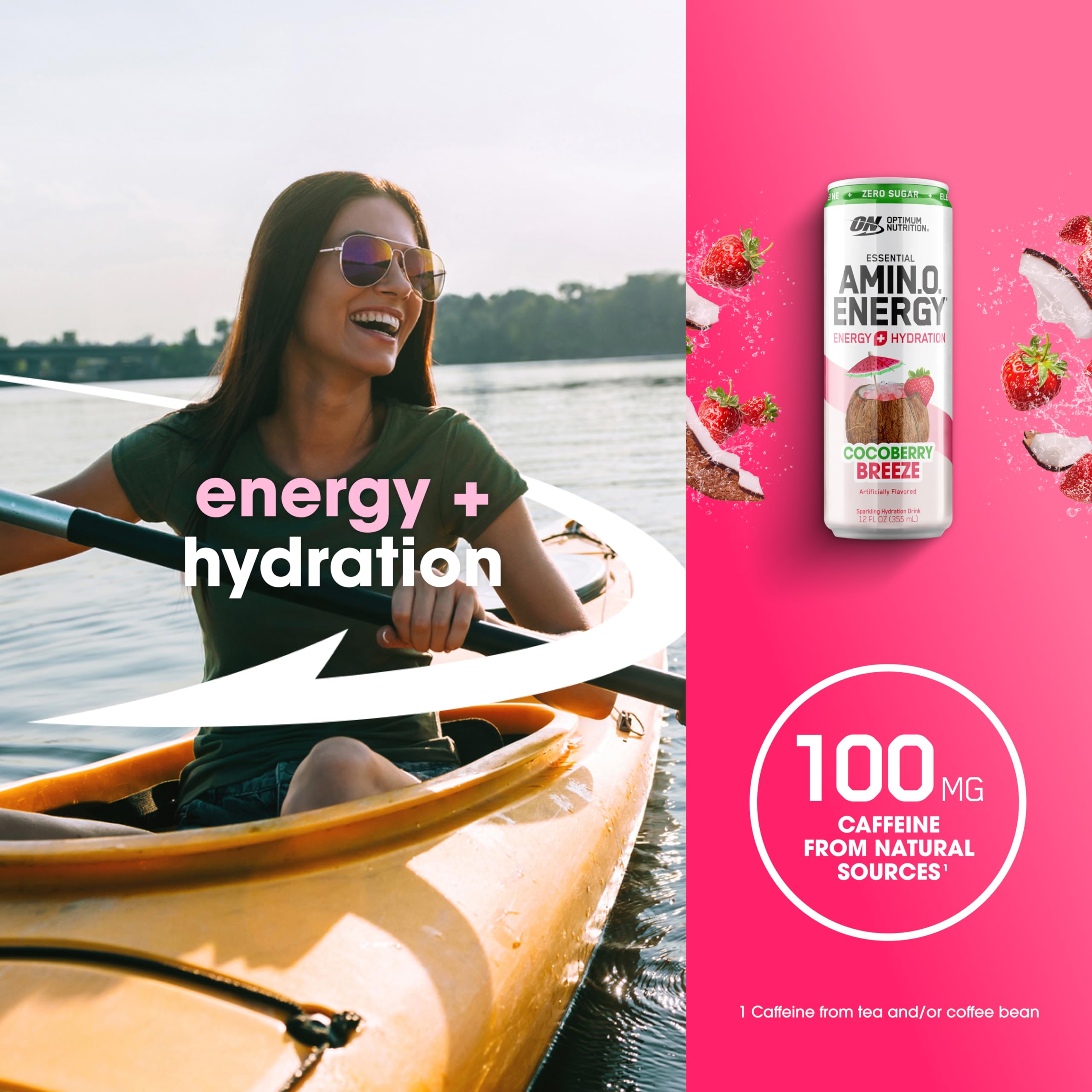 Optimum Nutrition Amino Energy Sparkling Hydration Drink with Electrolytes, Caffeine & BCAAs - Sugar Free Cocoberry Breeze Flavor - 12 Fl Oz Cans (12 Pack) - Perfect for Post-Workout Recovery, Energy Boost & Daily Hydration