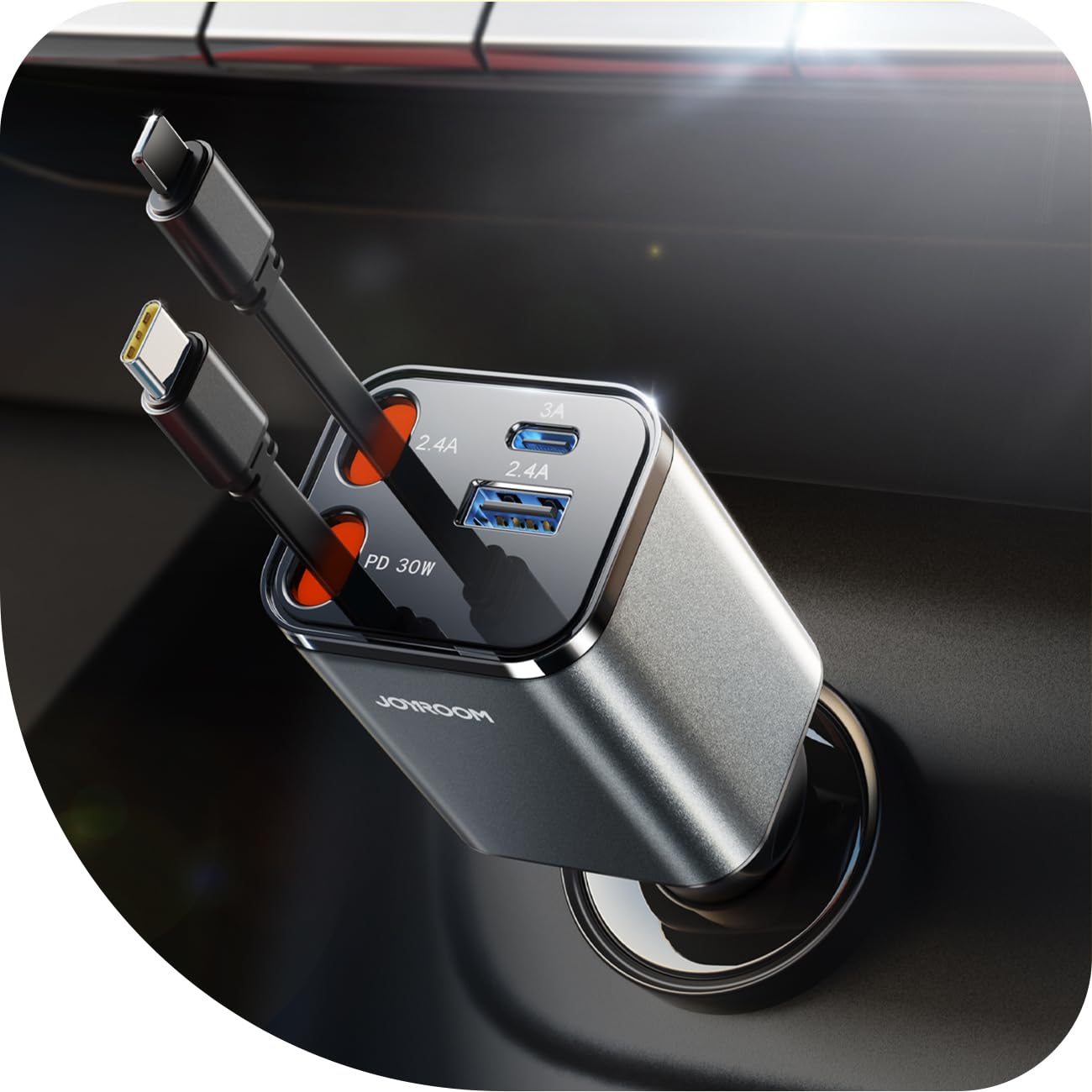 JOYROOM 69W Retractable Car Charger with USB-C - Ultra-Compact Fast Charger for iPhone 16/15 Pro Max - Gray Car Accessory for Road Trips & Daily Commute