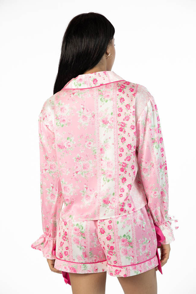 Pink Multi Floral Long Sleeve Satin Pajama Top for Women - Soft Sleepwear for Comfortable Nights & Relaxing Evenings at Home