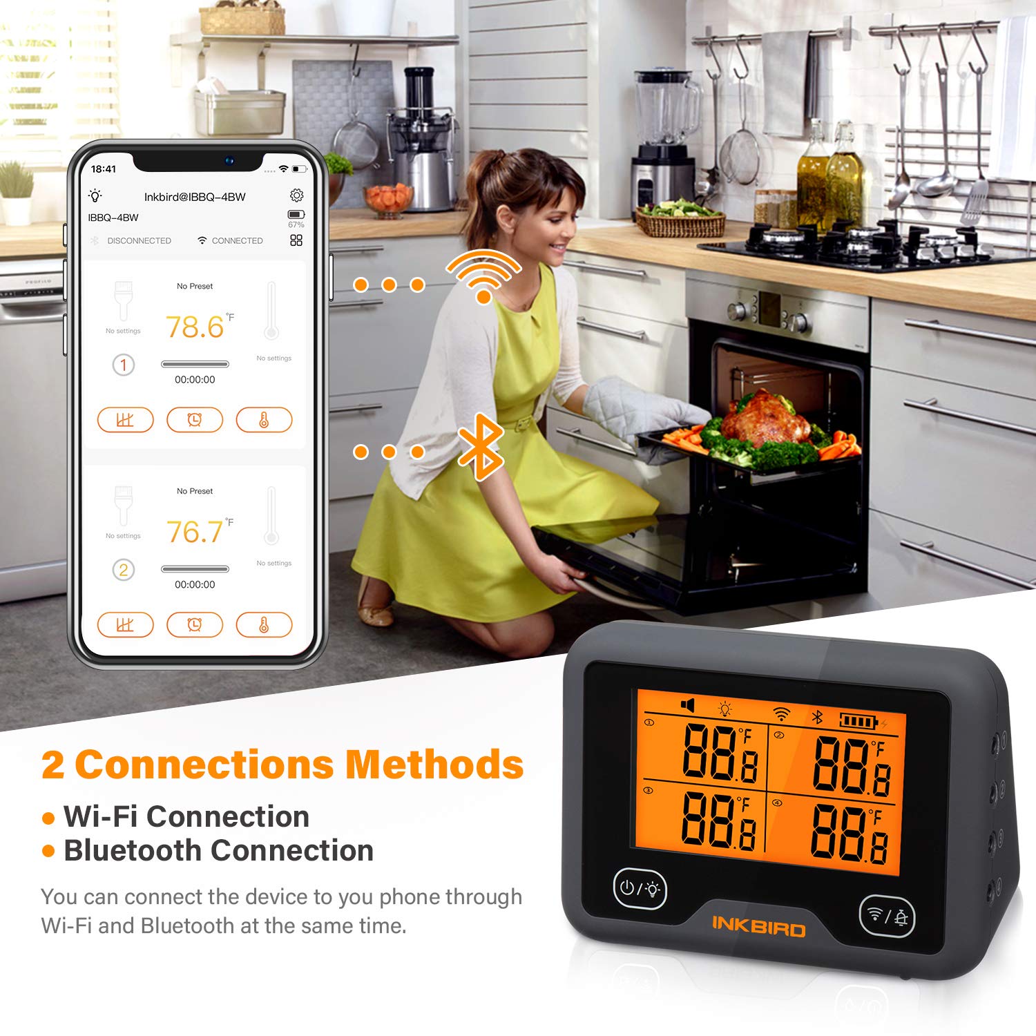 Inkbird Wi-Fi Bluetooth Grill Thermometer with 4 Probes - Wireless Digital Meat Thermometer for BBQ, Smoker, Oven & Kitchen - Perfect for Grilling, Smoking, Baking & Cooking Steak, Turkey, Chicken