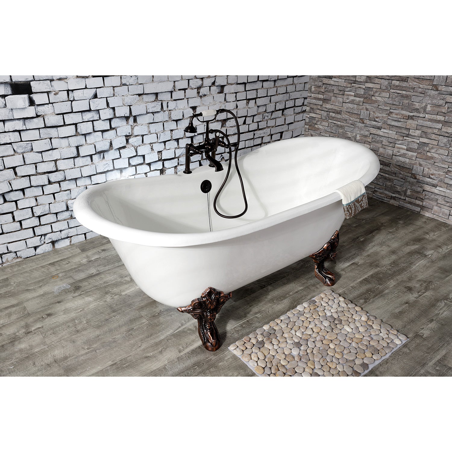 Aqua Eden 67 Inch White Cast Iron Clawfoot Bathtub - Oil Rubbed Bronze Double Slipper Oval Tub with 7