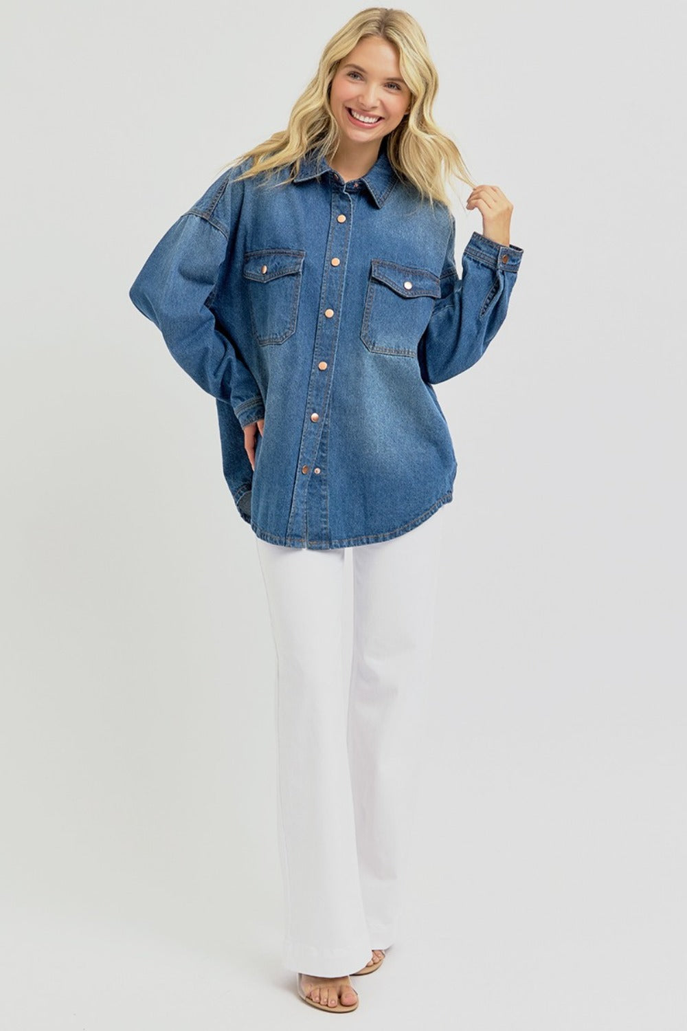 Men's Full Size Snap Down Long Sleeve Denim Shacket Jacket - Casual Overshirt for Fall & Winter Layering