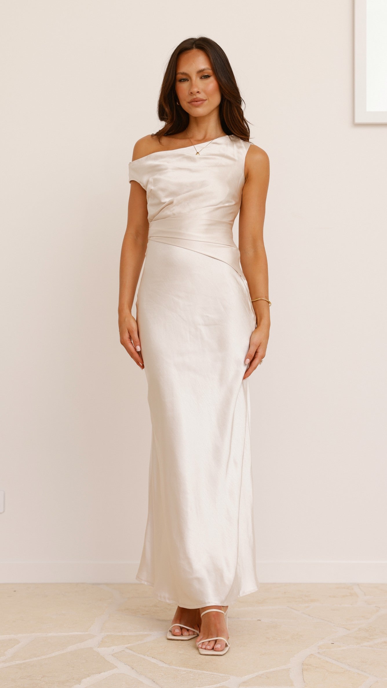 Auria Off Shoulder Maxi Dress in Champagne - Elegant Summer Beach Wedding Guest Dress for Women