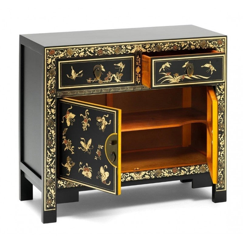Golden Dragon Oriental Painted Solid Wood Black Gold Sideboard Buffet Cabinet 90x40x84cm - Elegant Storage for Dining Room, Living Room & Entryway