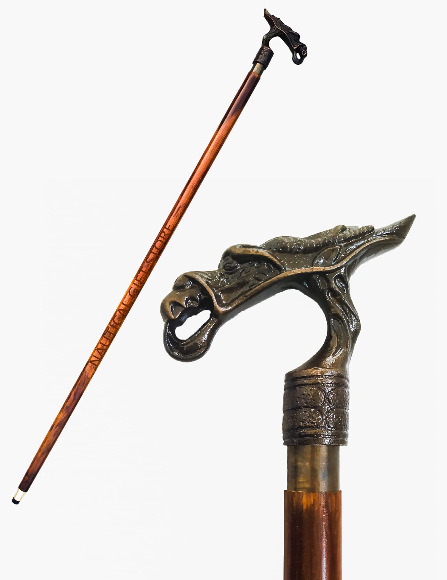 Antique Brass Dragon Handle Walking Cane - Vintage Designer Walking Stick for Men & Women, Brown Wooden Shaft, 37 Inch Height - Perfect for Costumes, Cosplay, Fashion & Mobility Support