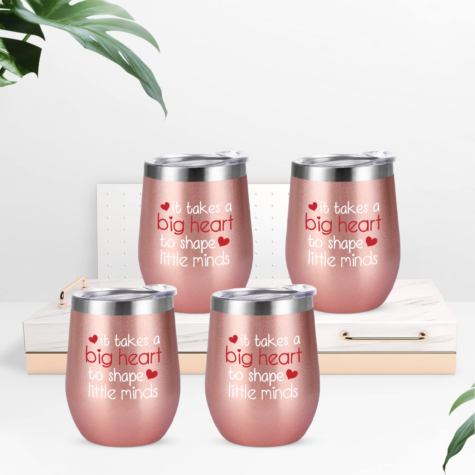 4-Pack Rose Gold Stainless Steel Wine Tumblers with Lids - 12oz Teacher Appreciation Gifts Bulk Set for Women, Perfect for Birthday, Christmas & Thank You Presents - Ideal for Coffee, Wine & Beverages at School, Home or Office
