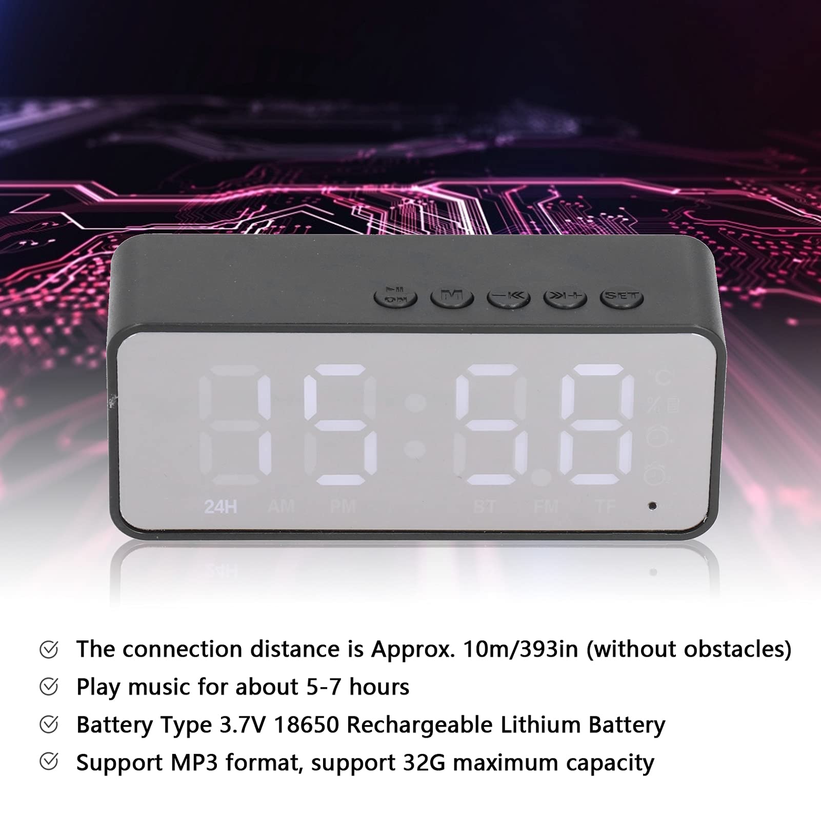 Wireless Bluetooth 5.0 Alarm Clock Radio with LED Mirror Display - FM Radio, Phone Call Support, Bedroom & Office Digital Clock Speaker (Black) | Perfect for Morning Wake-Up, Nightstand Use & Home Office