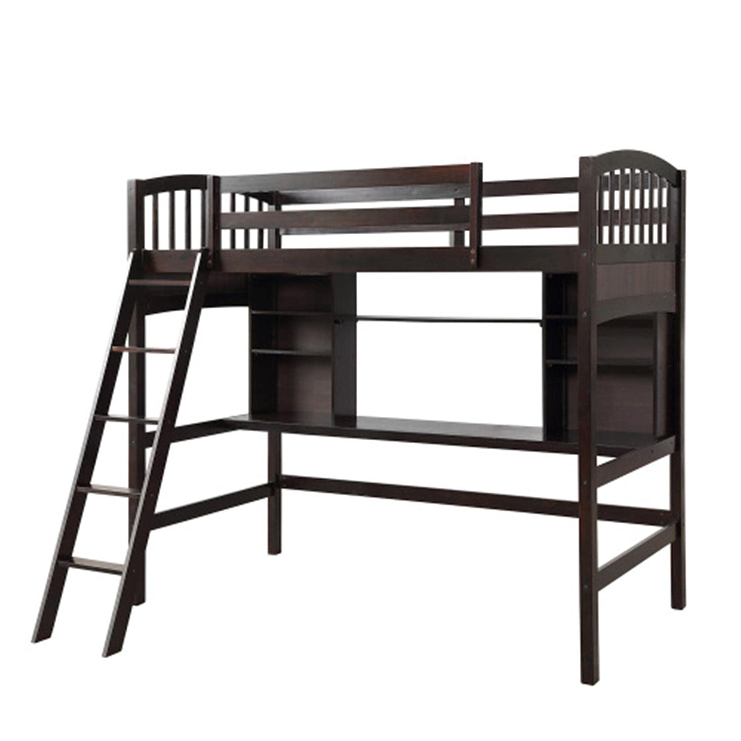 Twin Size Wood Loft Bed with Built-in Desk & Storage Shelves - No Box Spring Needed - Espresso Finish - Perfect for Small Bedrooms, Dorms & Kids Rooms