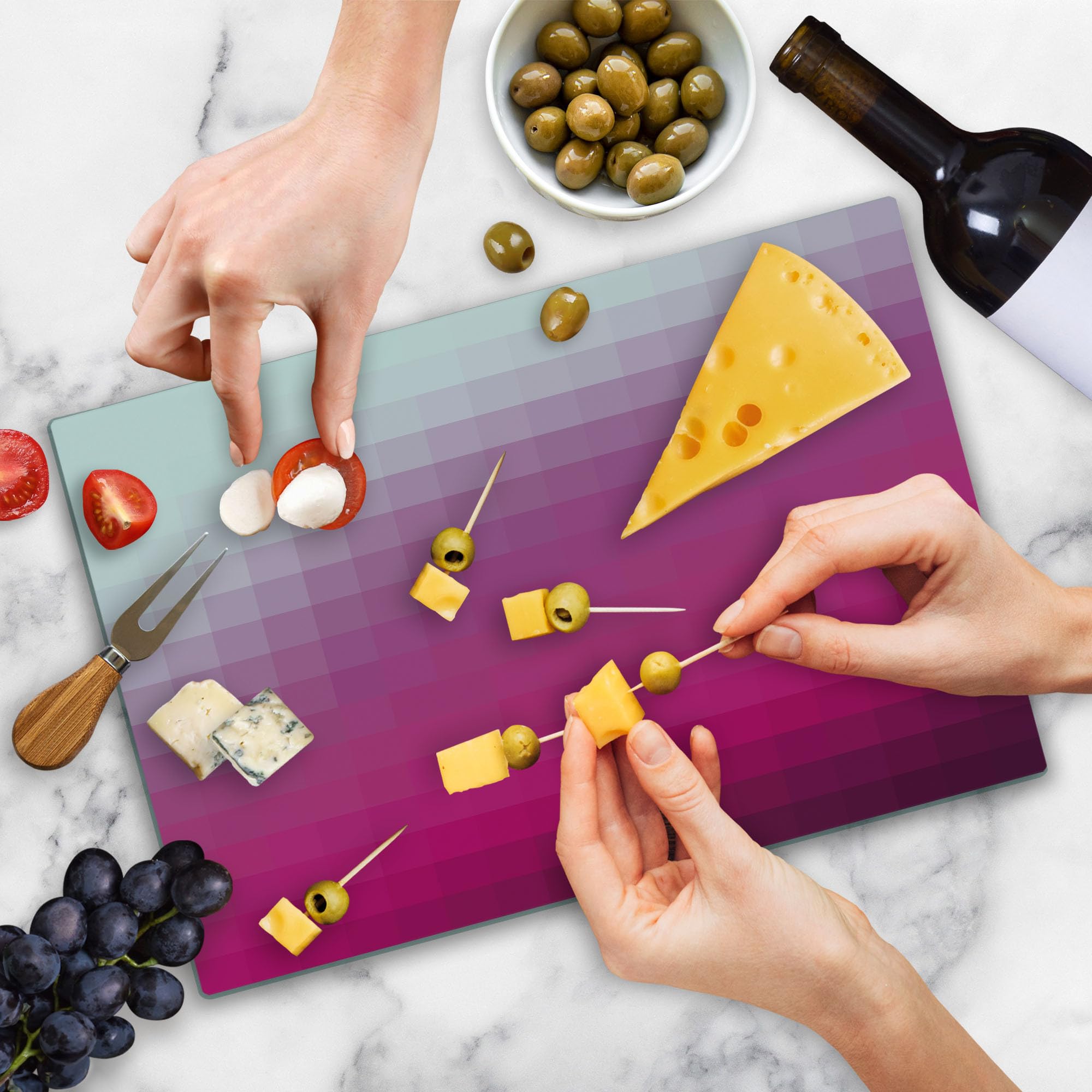 Ambesonne Hot Pink Tempered Glass Cutting Board - Modern Mosaic Ombre Design, Large Decorative Serving Board for Kitchen, Dining & Entertaining - Hot Pink, Dark Purple & White