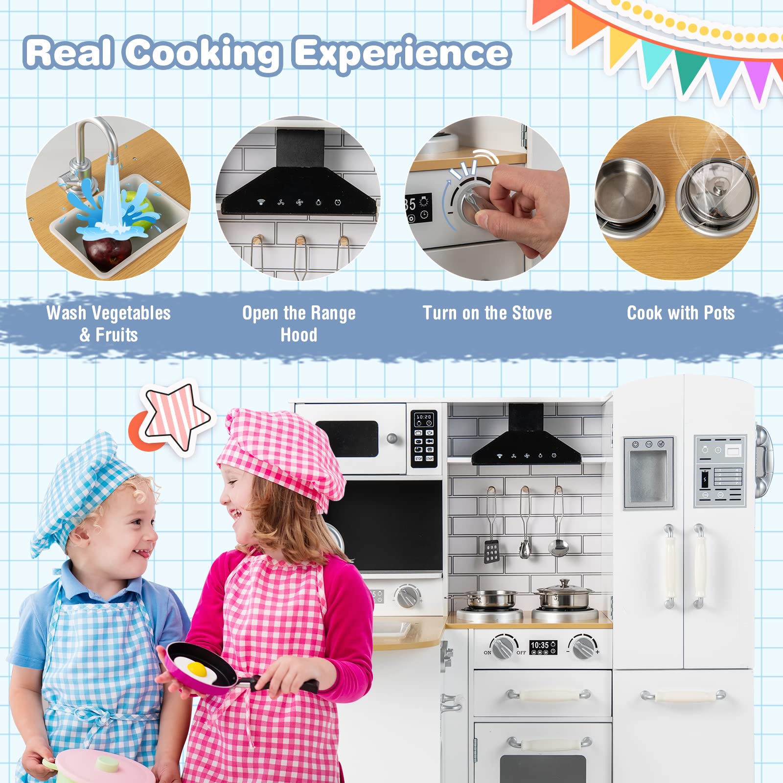 Costzon 11-in-1 Wooden Kids Kitchen Playset with Realistic Appliances - Pretend Play Toy Kitchen Set with Washing Machine, Microwave, Oven, Stove & Refrigerator for Toddlers Boys & Girls - Perfect for Role Play, Preschool Learning & Home Entertainment