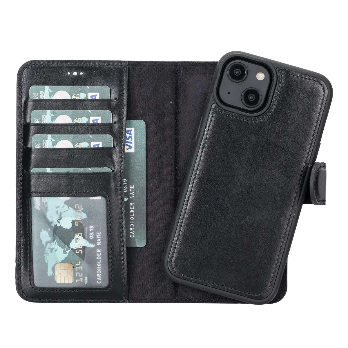 Premium Black Leather Wallet Case for iPhone 14 - Slim Protective Cover with Card Slots | Perfect for Everyday Use, Business Travel & Hands-Free Convenience