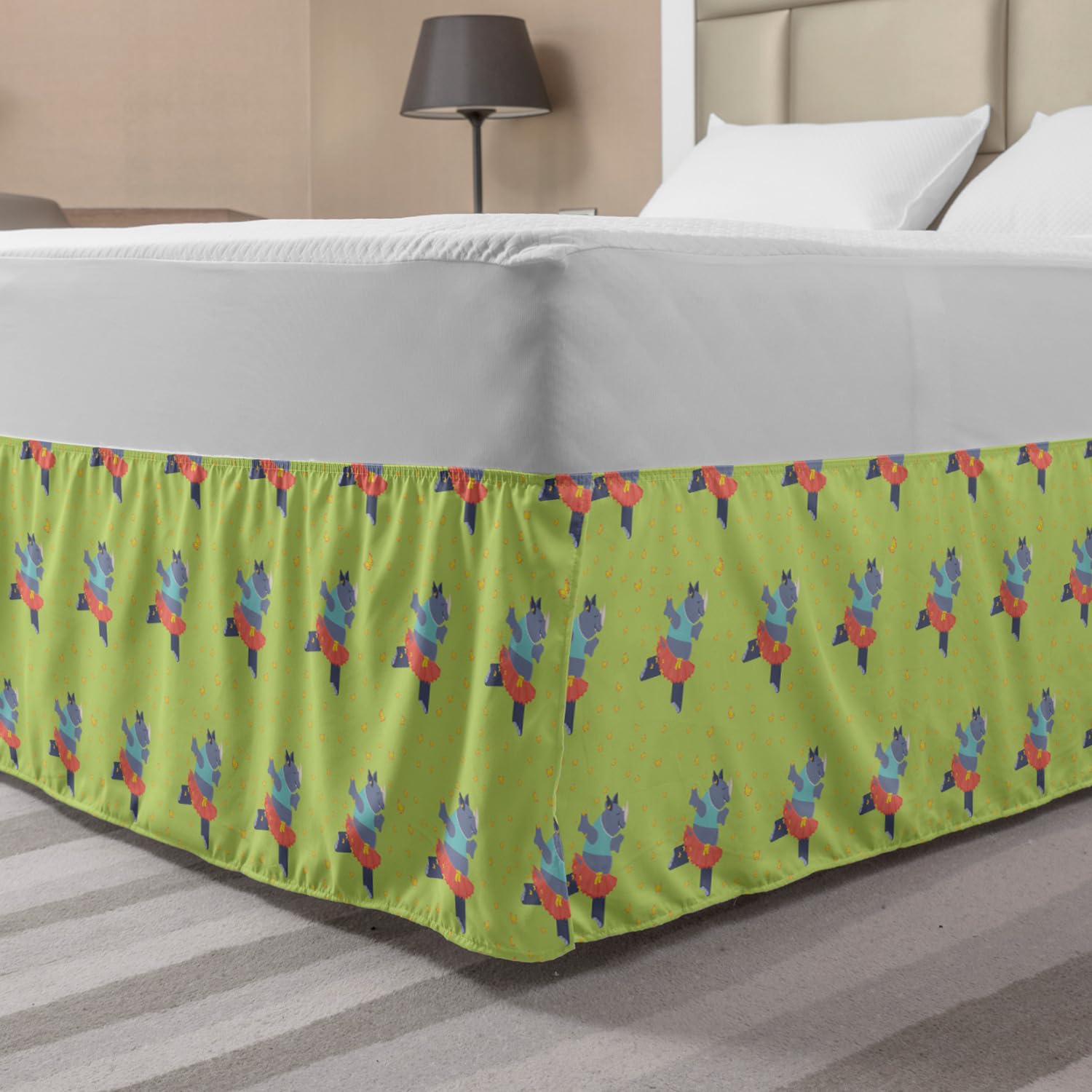 Ambesonne Cartoon Bed Skirt - Funny Dancing Animal in Tutu Ballerina Zoo Design | Elastic Wrap Around Bedroom Decor | Gathered Queen Size Bedskirt in Pale Green & Multicolor | Perfect for Kids' Rooms, Nursery Decor & Whimsical Bedroom Themes