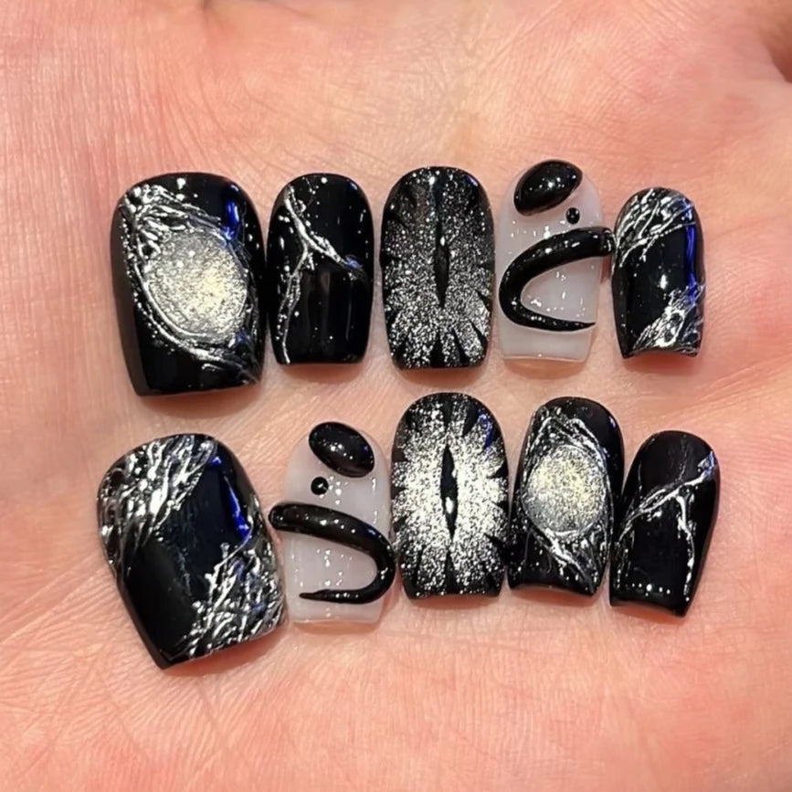 10Pcs Handmade Short Square Fake Nails - French Gold Flower Cat Eye Press on Nails Full Cover with Sun Moon Starlight Design | Wearable Manicure for Parties, Weddings & Special Occasions