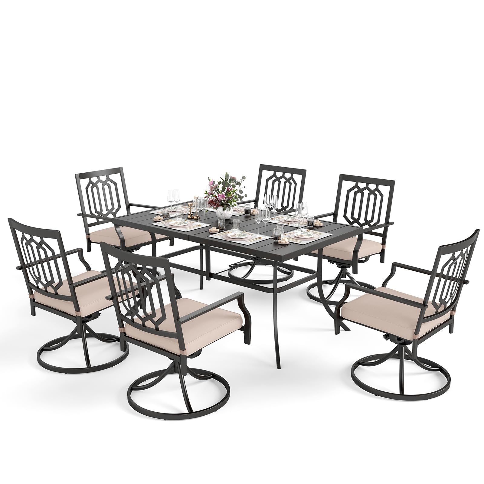 MFSTUDIO 6-Piece Metal Patio Dining Set with Swivel Armrest Chairs & Cushions, Outdoor Furniture for Backyard, Garden, Poolside - Includes 6 Chairs & 1 Rectangle Steel Table
