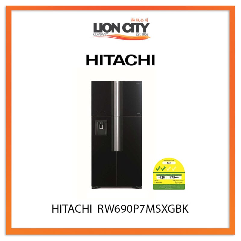 Hitachi 518L 4-Door Side by Side Refrigerator RW690P7MSXGBK - Energy Efficient Stainless Steel Fridge for Large Family Kitchen & Entertaining