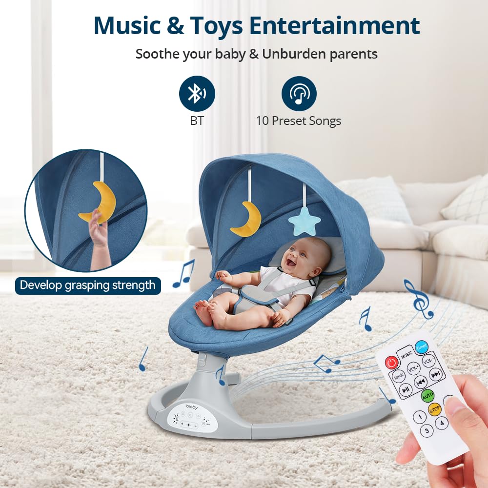 Bioby Baby Swing for Infants 0-12 Months - Portable Infant Rocker with 5 Speed Settings, Bluetooth Music, Remote Control & 5-Point Safety Harness - Lightweight Baby Bouncer for Newborns 5-20 lbs (Blue) - Perfect for Nursery, Living Room & Travel