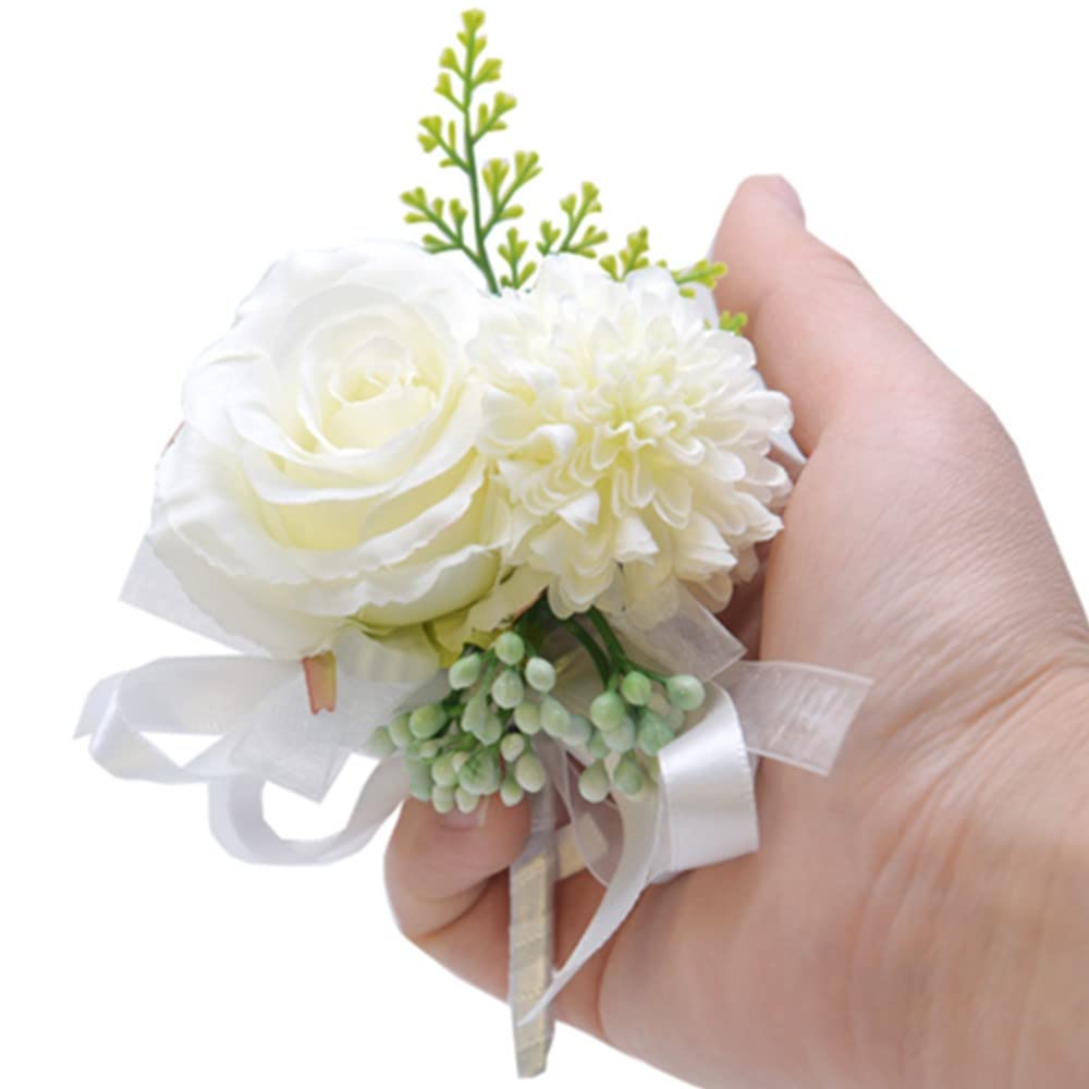 2PCS White Rose Wrist Corsage & Boutonniere Set for Weddings - Bride, Bridesmaid, and Groom Accessories - Perfect for Wedding Parties, Proms, and Formal Events (White)
