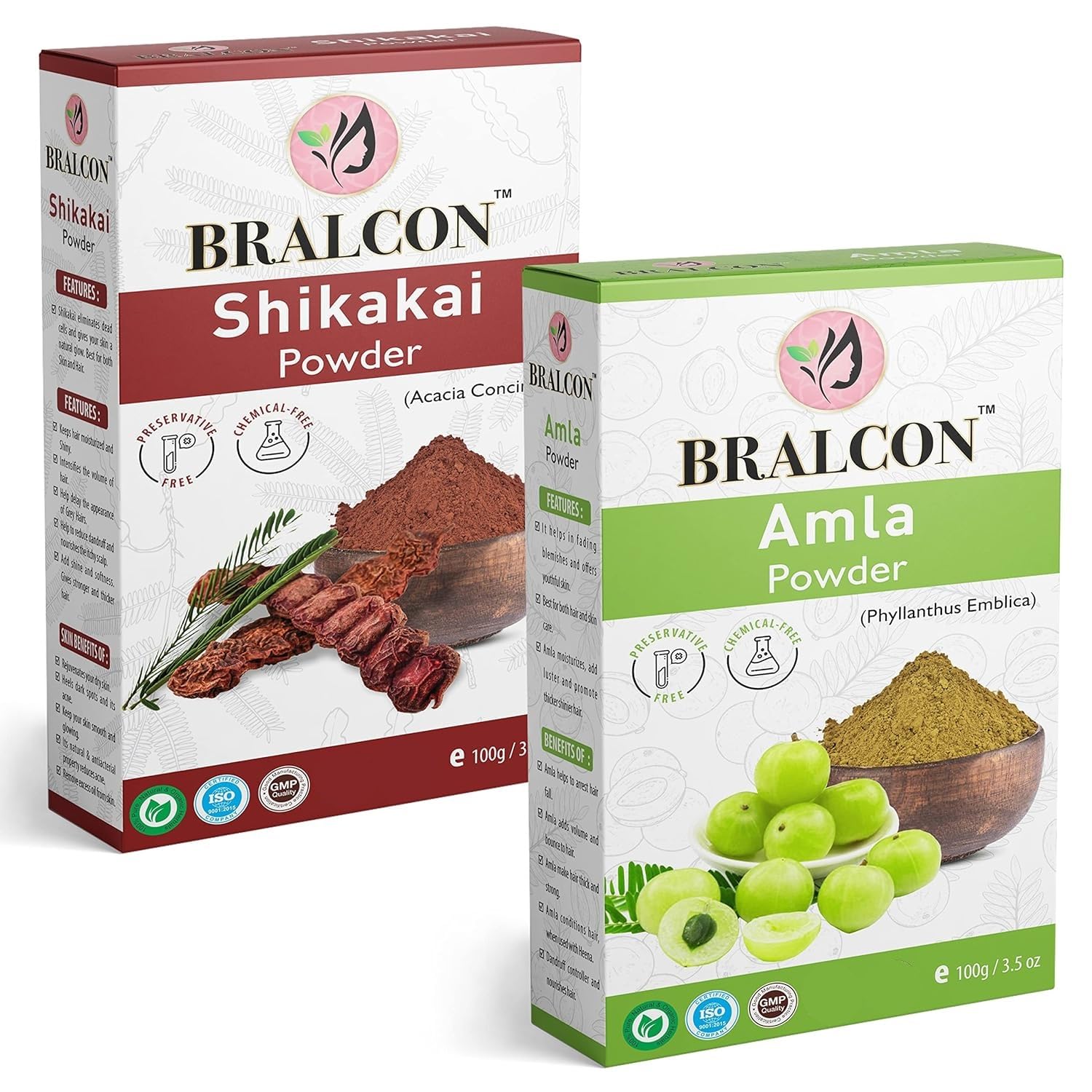 BRALCON Organic Amla Powder & Shikakai Powder Combo - 200g (100g x 2) | Indian Gooseberry & Shikakai Powder for Hair Growth, Conditioning & Cleansing | Natural Hair Care & Skin Care Treatment | Perfect for DIY Hair Masks & Ayurvedic Beauty Routines