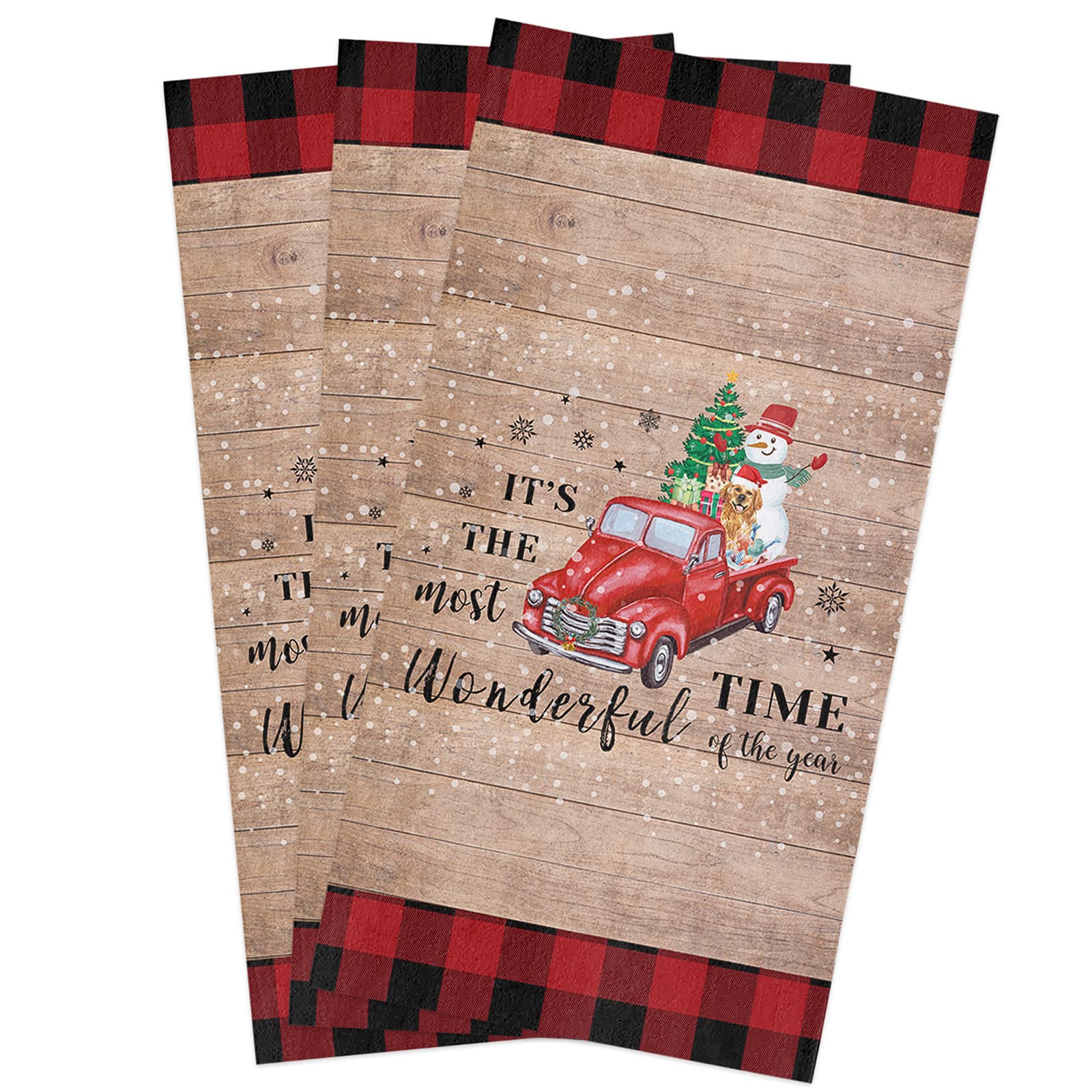 **3 Pack Super Absorbent Soft Microfiber Kitchen Dish Towels - Christmas Truck Pull Xmas Tree Golden Retriever Design on Rustic Wooden Grain - Cleaning Dishcloths, Hand Towels & Tea Towels for Kitchen, Bathroom & Bar - Perfect for Holiday Decor, Dish Drying & Hand Wiping**