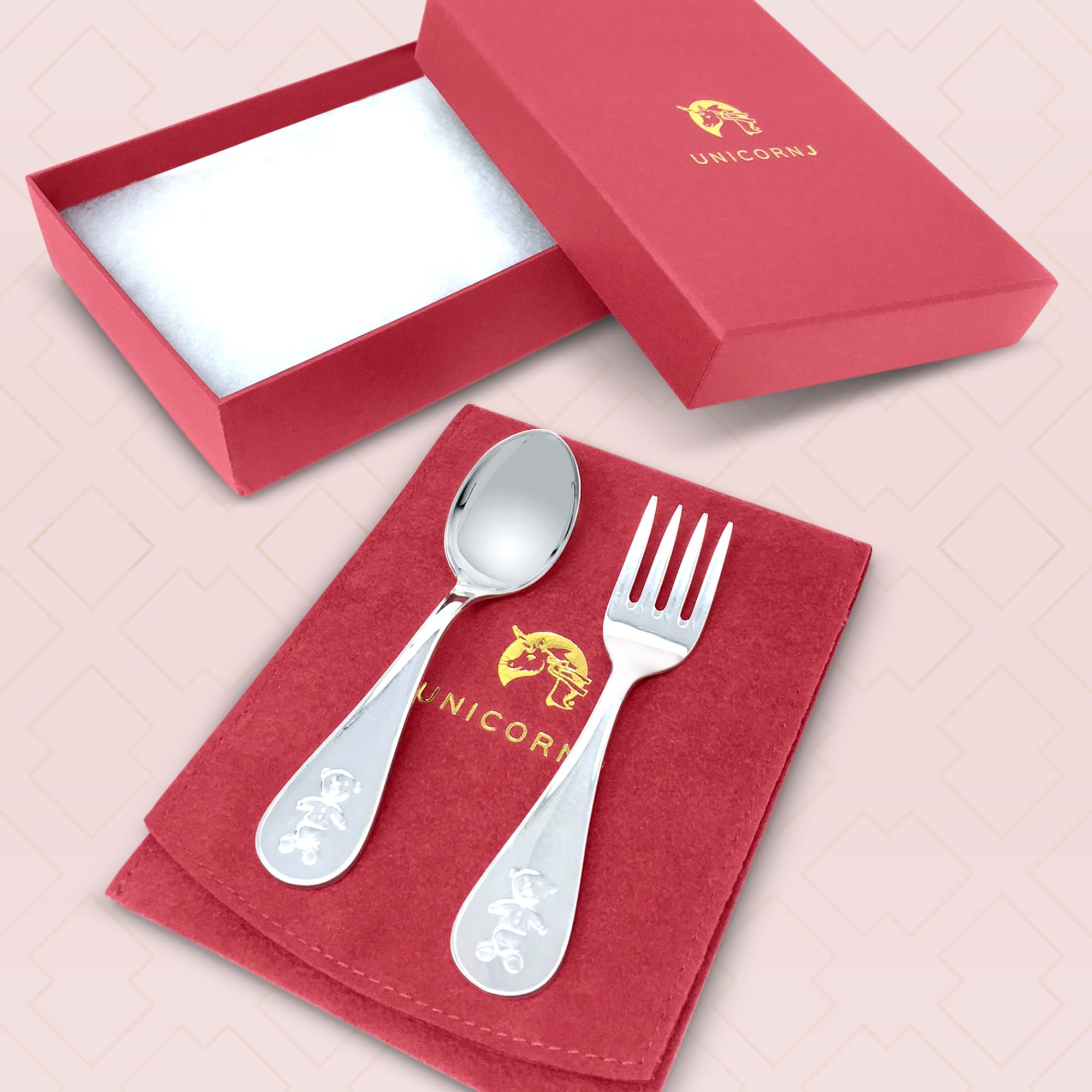 Sterling Silver Baby Spoon and Fork Set with Teddy Bear Design - Personalized Engravable Gift for Newborns | Elegant Gift Box Included | Italian Handcrafted Keepsake for Christening, Baby Shower & First Birthday | Perfect for Baby's First Feeding, Special Occasions & Memorable Gifts