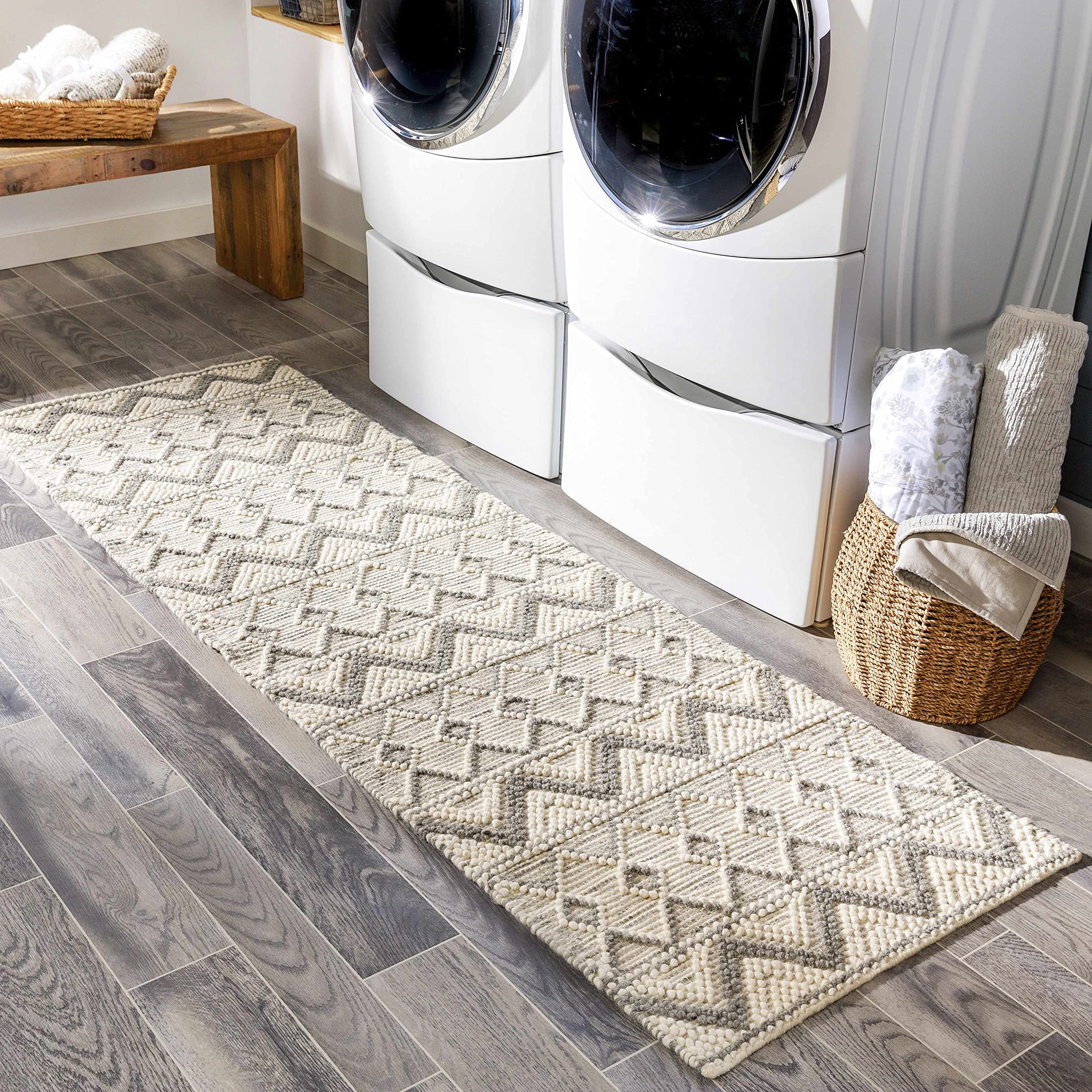Hauteloom Antigo Boho Handwoven Wool High Low Textured Area Rug - Farmhouse Moroccan Trellis Carpet for Living Room Bedroom - Handmade Zig Zag Bubble Weave - Beige Gray Cream - 5' x 7'6
