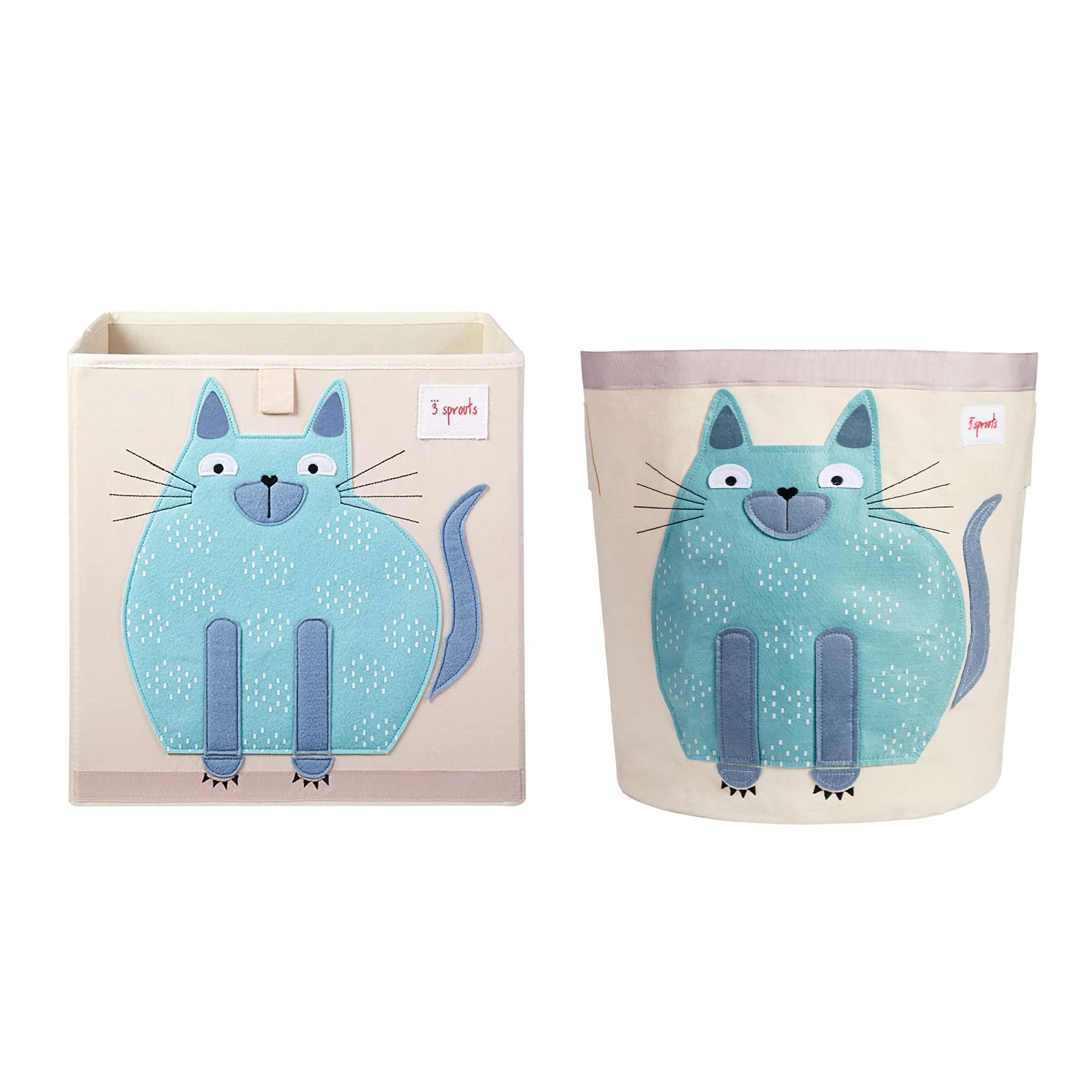 3 Sprouts Foldable Fabric Storage Cube - Soft Toy Bin & Canvas Organizer for Baby & Kids - Blue Cat Design - Perfect for Nursery, Playroom & Laundry Organization