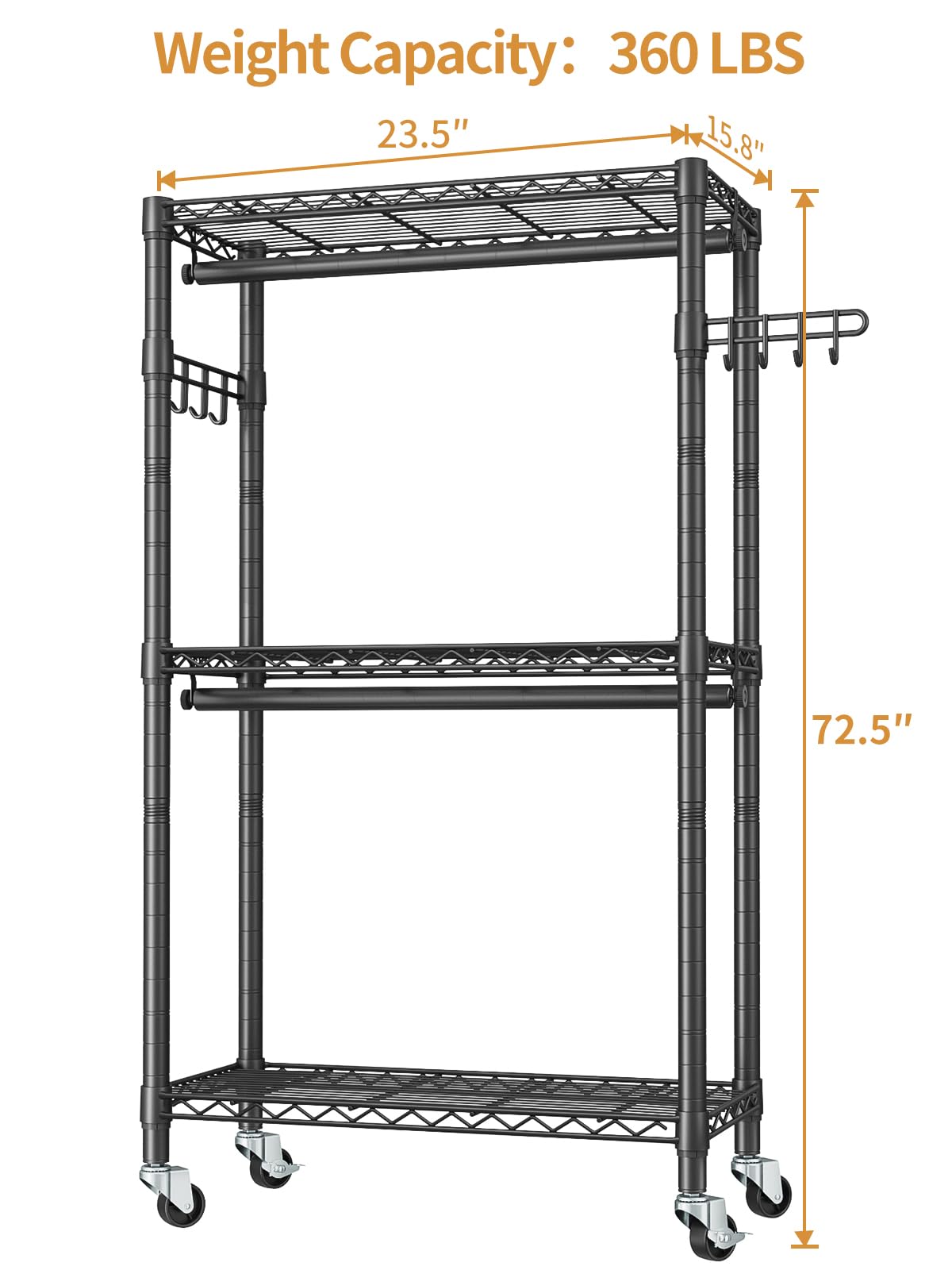 Heavy Duty Rolling Garment Rack with 3-Tier Adjustable Wire Shelves - Double Rods & Side Hooks for Hanging Clothes | Freestanding Wardrobe Storage | Portable Metal Closet Organizer for Bedroom, Laundry Room, or Retail Store