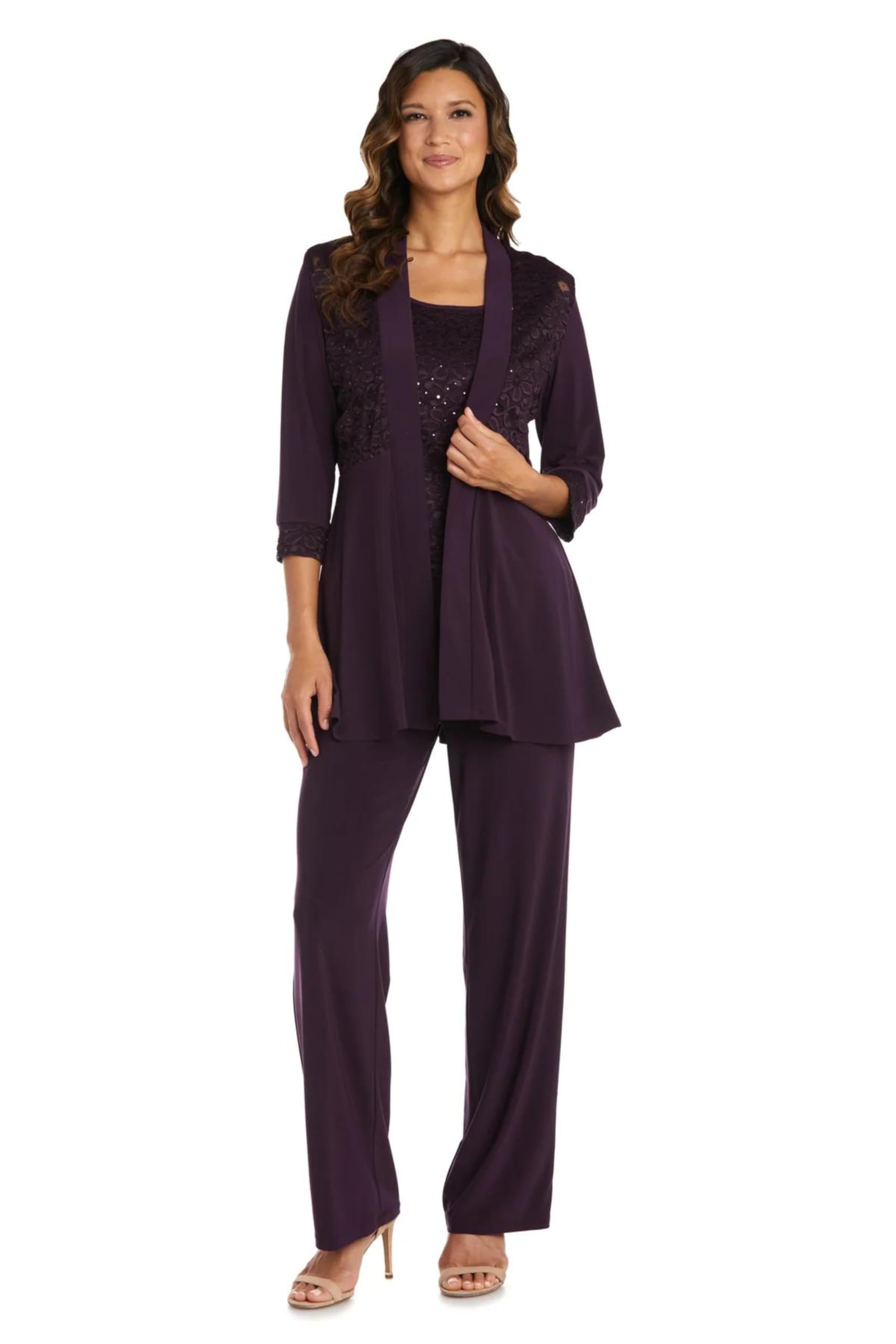 R&M Richards Plus Size Women's Pant Suits for Weddings - Mother of The Bride Formal Pantsuit in Plum, Size 14 Plus | Elegant Wedding Guest Outfit & Special Occasion Attire