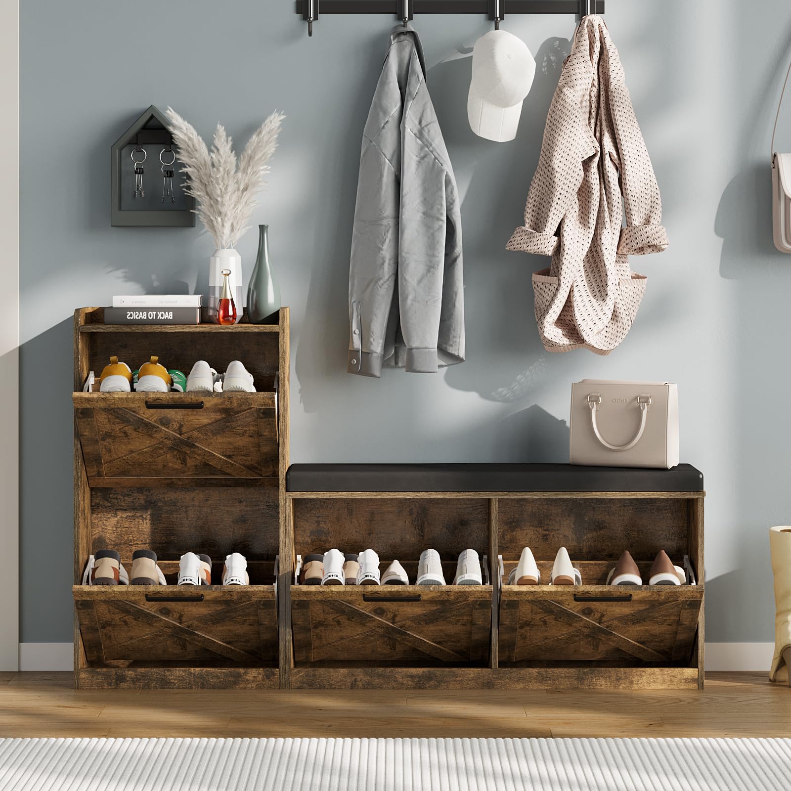 Adjustable Shoe Storage Cabinet with Bench - 4 Flip Drawers & Padded Seat Cushion - Left/Right Configurable Entryway Organizer - Rustic Brown Narrow Hallway Shoe Rack - Perfect for Small Spaces, Mudrooms & Apartment Entryways