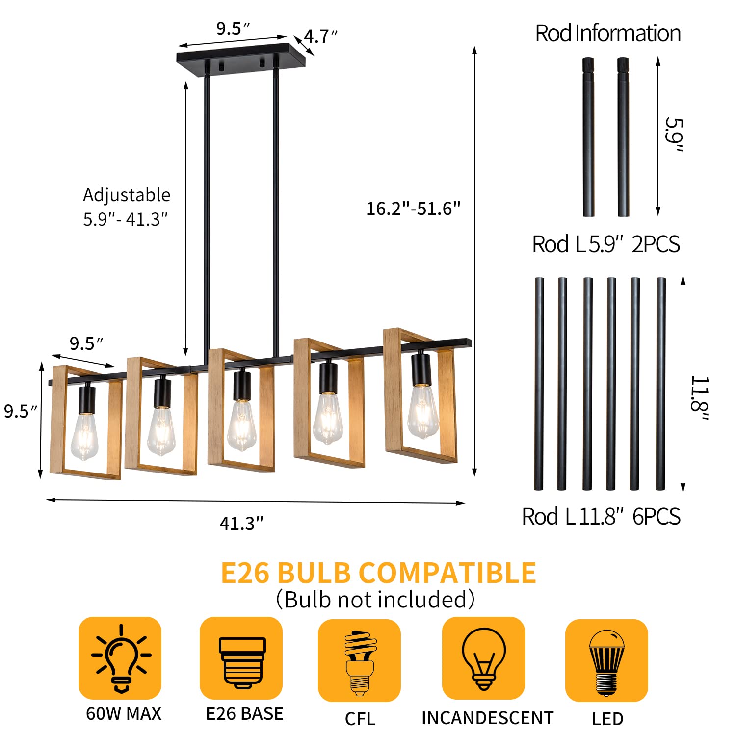 Farmhouse Chandelier - 5-Light Wood and Black Rustic Pendant Lighting for Dining Room & Kitchen Island (41.3