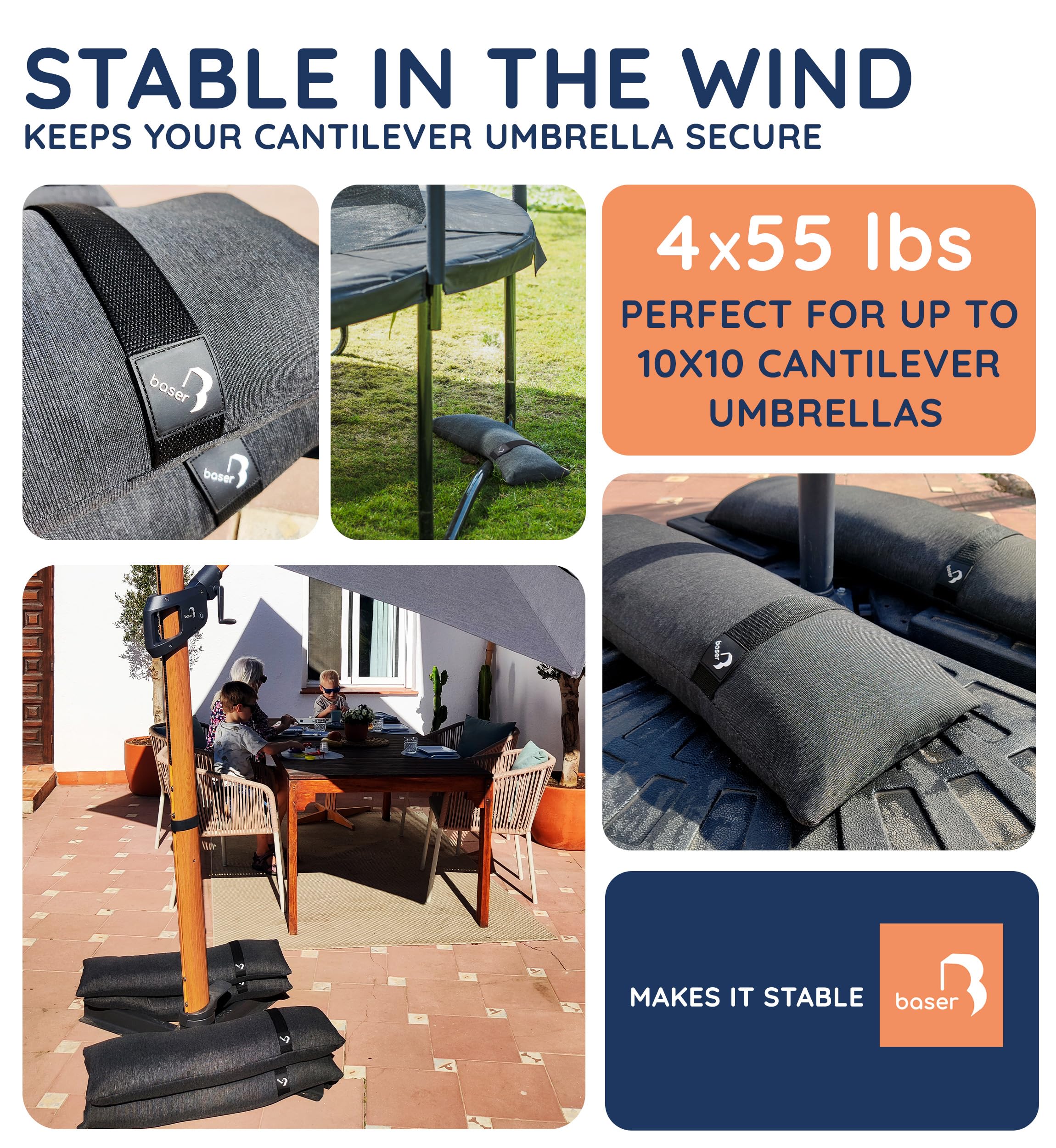 Heavy Duty Fillable Sand Bags - 4 Pack 55 LBS Weight Bags for Outdoor Umbrella Base, Cantilever Umbrella Stand & Garden Furniture - Perfect for Patio, Deck, Backyard and Poolside Use