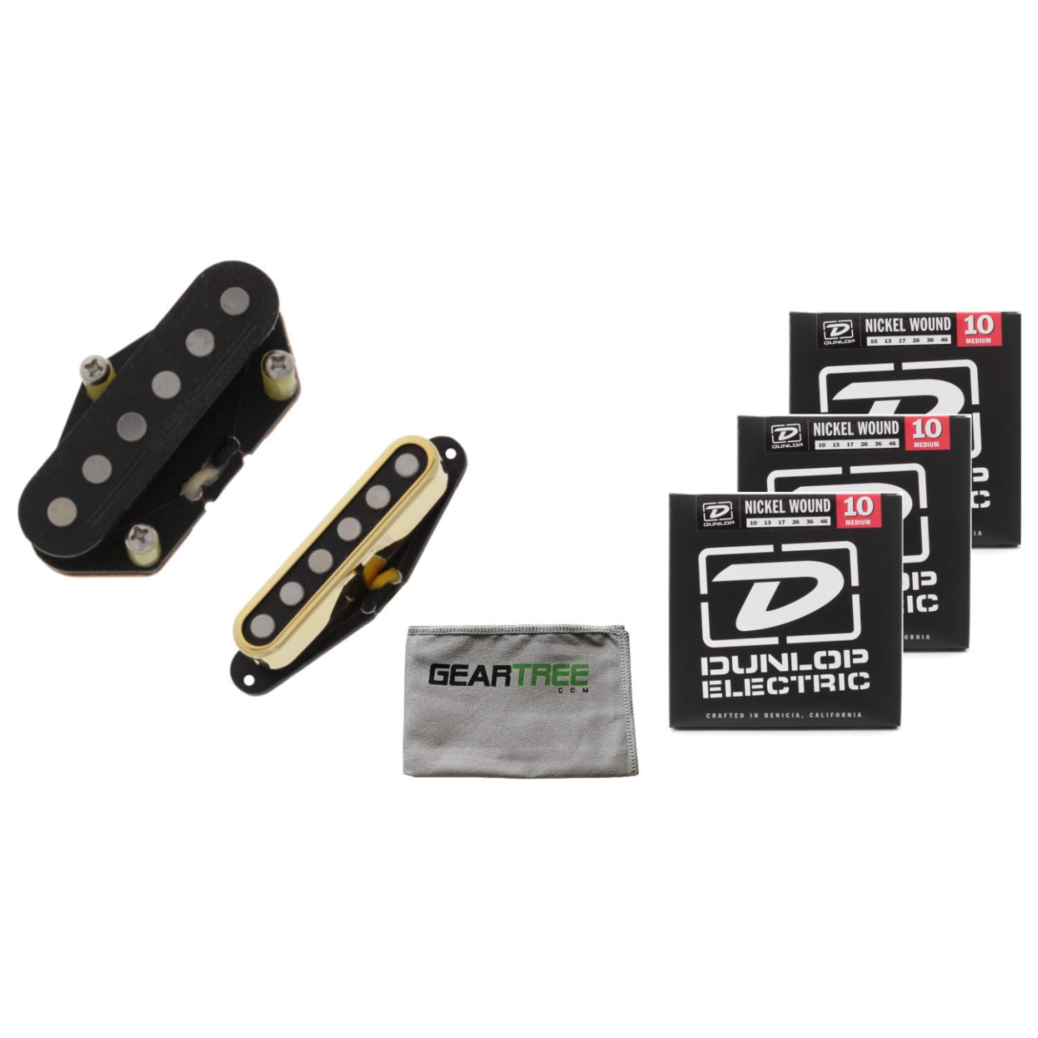 TV Jones Starwood Tele Pickup Set - Black & Gold Guitar Pickups with Polish Cloth & 3 String Sets - Perfect for Electric Guitar Upgrades, Recording Studios & Live Performances