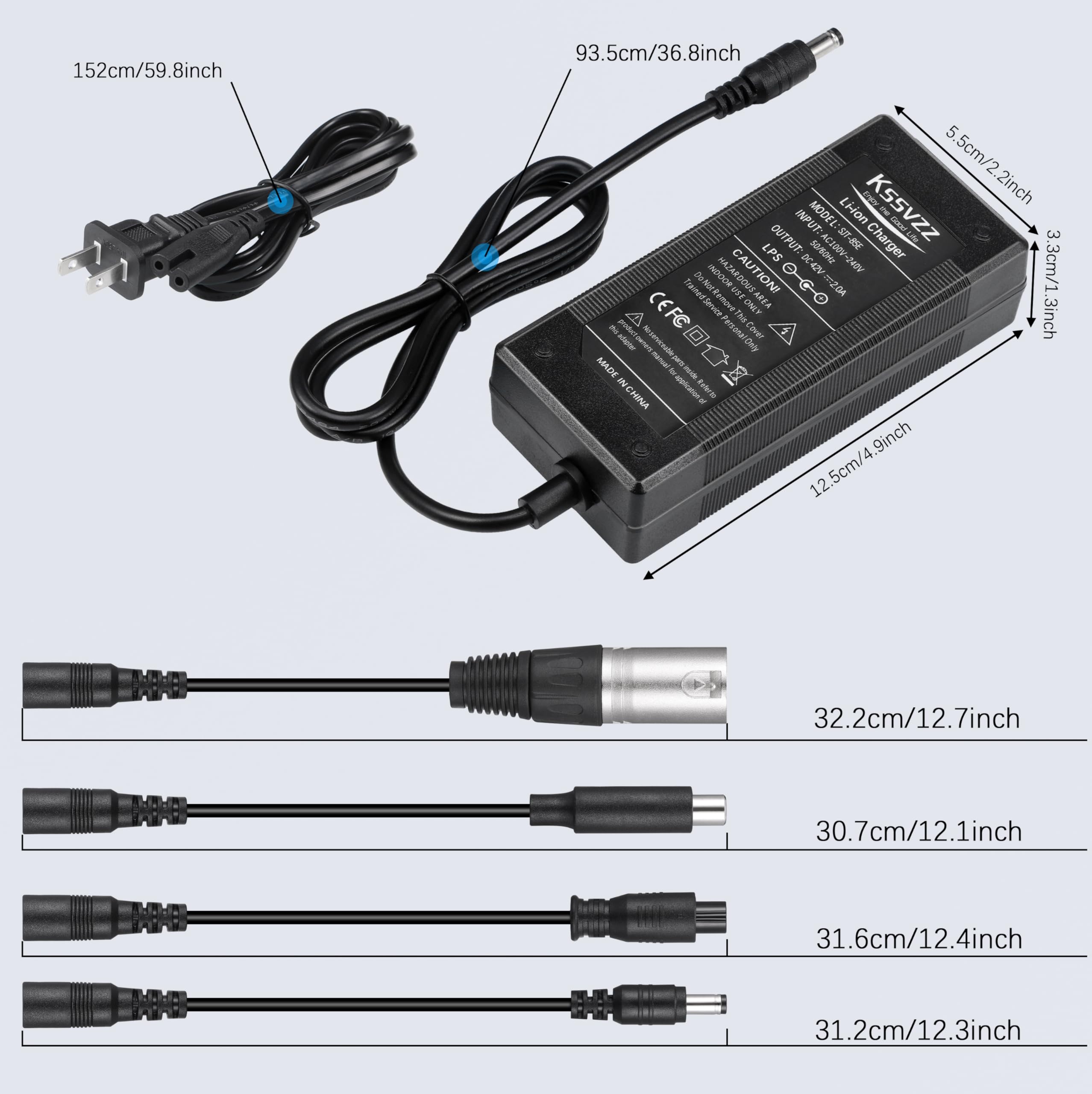 42V 2A Fast Lithium Battery Charger with 5 Adapter Plugs - Universal Replacement for 36V E-Bike/Scooter (Jetson, Gotrax, Razor, Ninebot, Segway, Swagtron, Hiboy) - Perfect for Commuting, Delivery & Outdoor Adventures