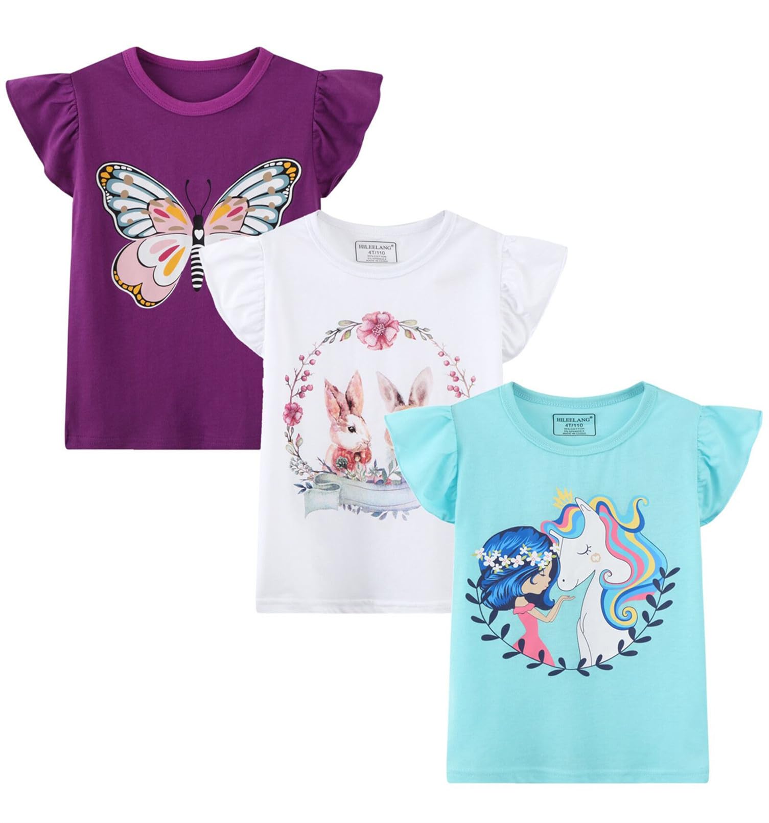 HILEELNAG Girls' Short Sleeve Cotton Graphic T-Shirts - 3 Pack Cute Casual Summer Tops for Easter, School, Playdates & Outdoor Activities