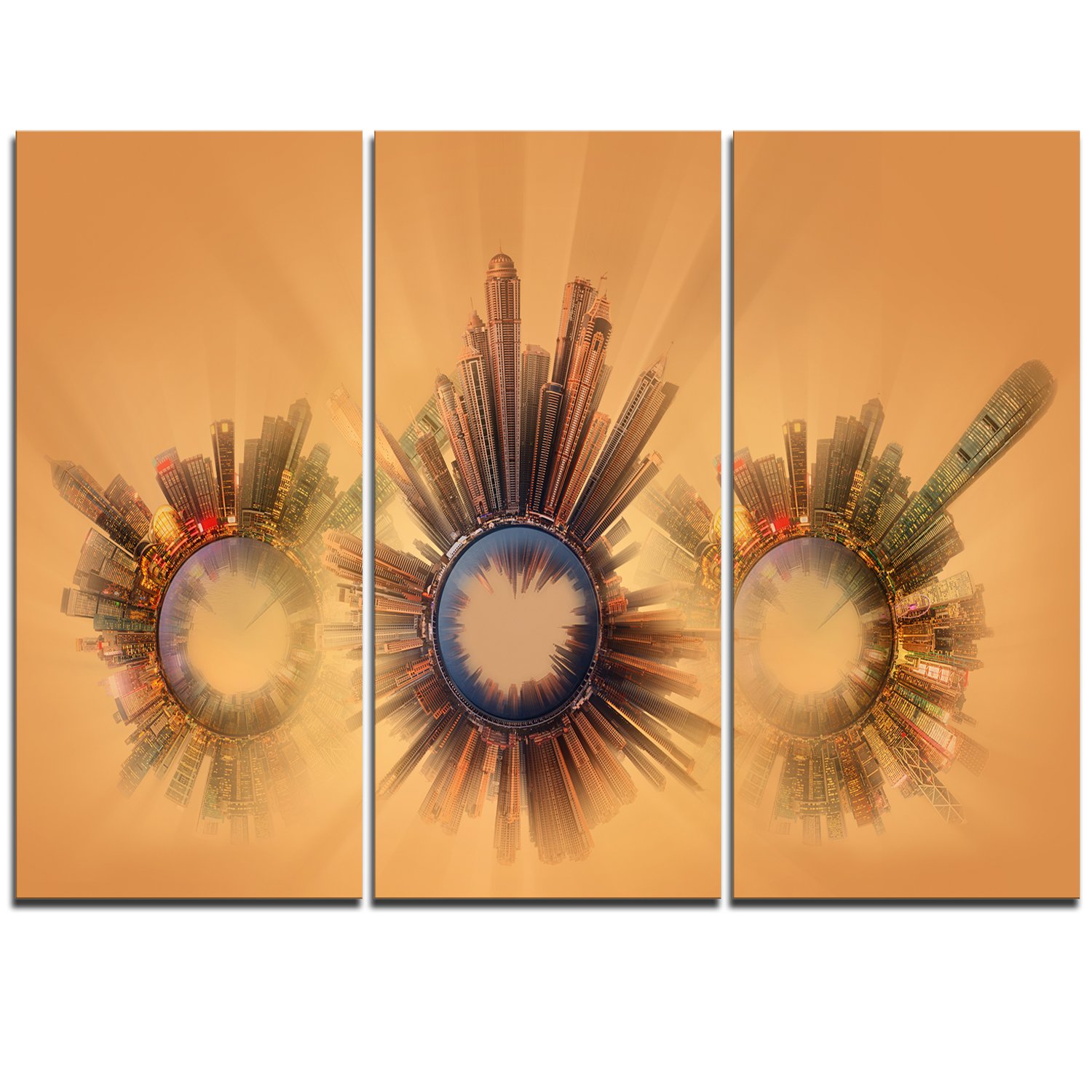 Designart Miniature Earth Planets with Skyscrapers - Abstract Canvas Wall Art - 36x28 Inches - 3 Piece Multi-Panel Painting in Blue - Perfect for Living Room, Bedroom & Office Decor