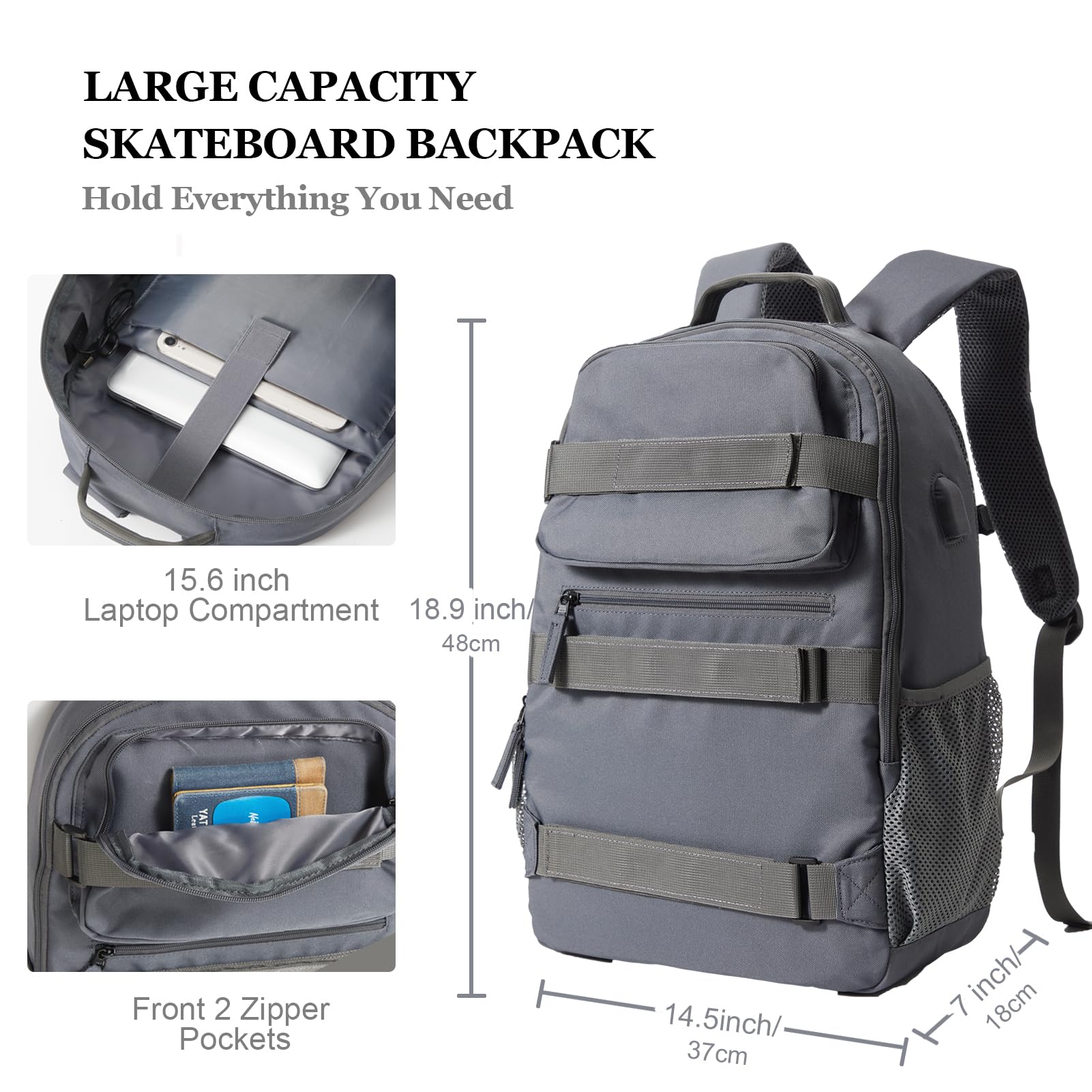**Best Skateboard Backpack for Men & Women - Large Durable Laptop Bag with USB Charging Port - Perfect for Skateboarding, College, Travel & Daily Commute (Grey)**