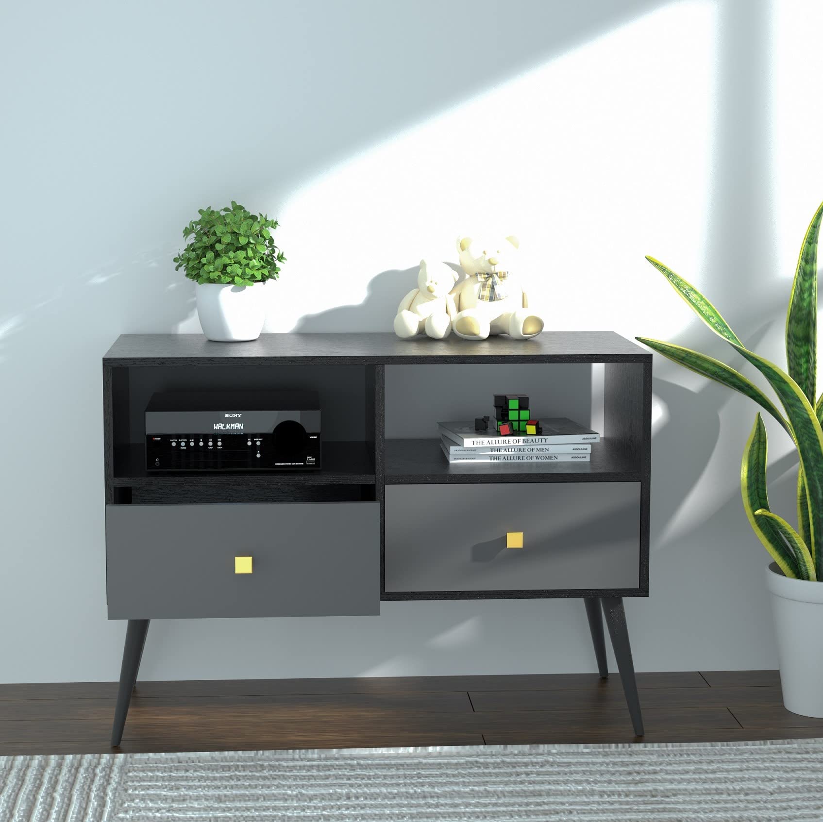 2022 Modern Nordic TV Stand with 2 Storage Drawers - Minimalist Entertainment Center for Living Room, Bedroom & Home Office - Black Wooden Media Console (Perfect for 55-65 inch TVs)