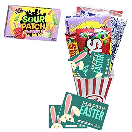 Happy Easter Movie Night Gift Basket - Limited Edition Sour Patch Bunnies Candy, Movie Popcorn & Concession Treats with 2 Free Redbox Rentals - Perfect Easter Gift for Family Movie Nights & Holiday Celebrations