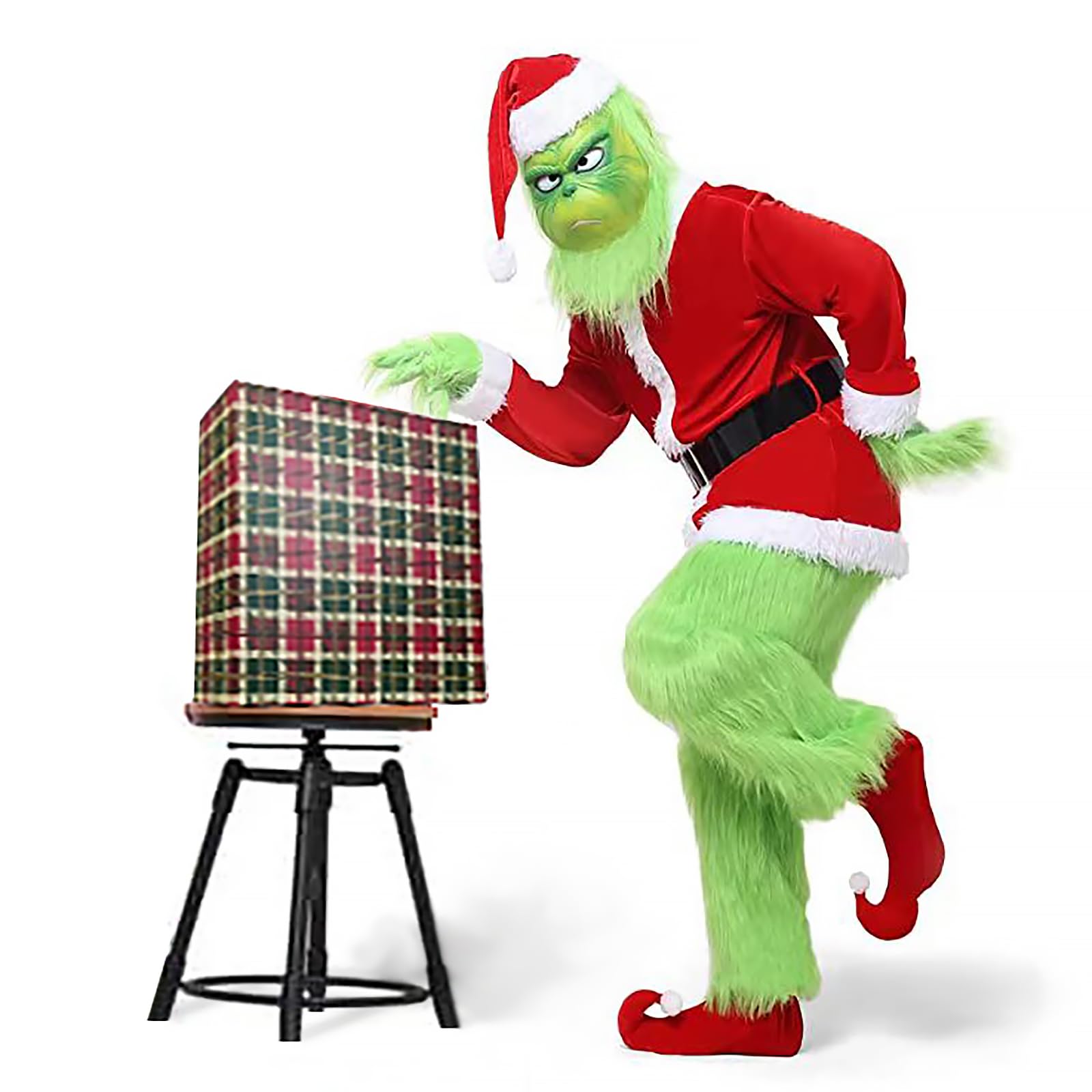 Adult Santa Costume 7-Piece Set with Green Monster Mask & Red Hat - Christmas Party Outfit for Men & Women - Perfect for Holiday Parties, Cosplay & Festive Gift Giving