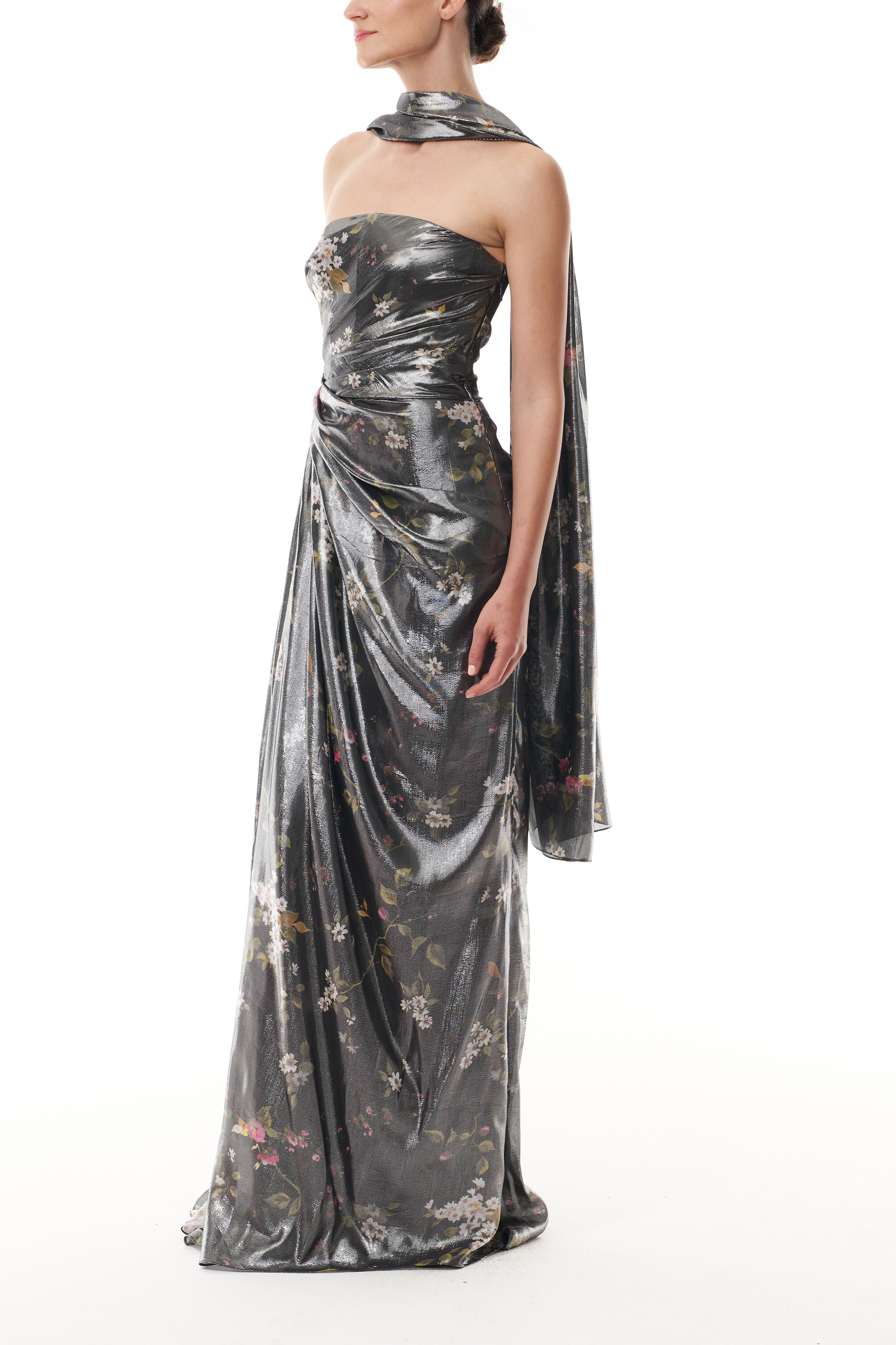 Elegant Metallic Floral Draped Gown for Women - Formal Evening Dress for Prom, Wedding & Special Occasions