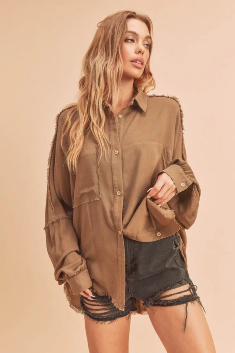 Aemi + Co Raw Edge Exposed Seam Collared Neck Shirt for Women - Stylish Casual Blouse for Office Wear, Date Night & Everyday Outfits