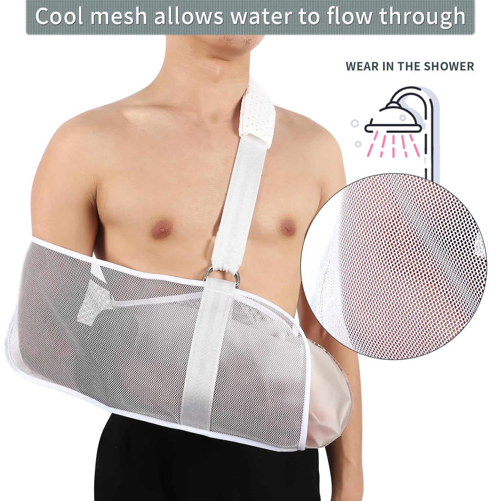Breathable Mesh Arm Sling for Shower - Adjustable Shoulder Support for Rotator Cuff Injury, Post-Surgery Recovery, Arm & Wrist Pain Relief - Left/Right Arm Sling for Men & Women (White) - Perfect for Showering, Daily Activities & Comfortable Healing