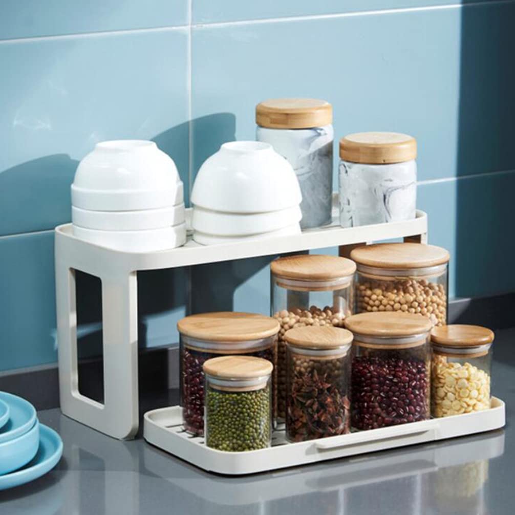 Pull Out Shelf Jar Rack - Bathroom Countertop Organizer with Valet Tray | Metal White Makeup & Jewelry Storage Stand | Perfect for Small Spaces, Vanity Organization & Bathroom Decor