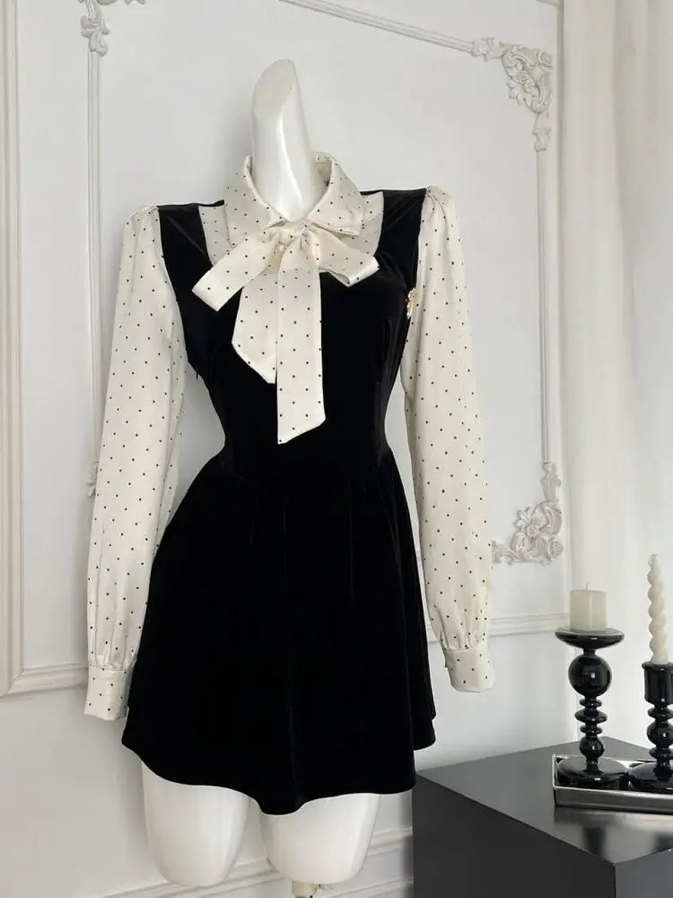 Vintage Black Polka Dot Velvet Patchwork Mini Dress with Long Sleeves & Bow - Elegant French Style Party Dress for Women | Perfect for Birthday Celebrations, Cocktail Parties & Holiday Events