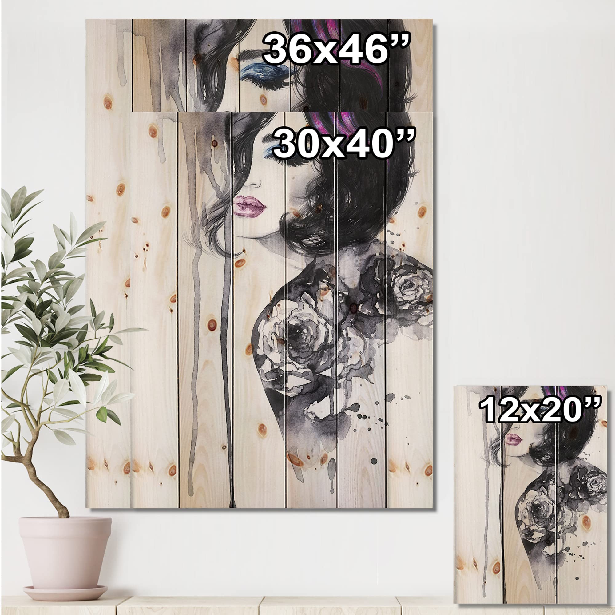 DesignQ Female Portrait Painting - Modern Art Print on Natural Pine Wood for Home & Office Wall Decor