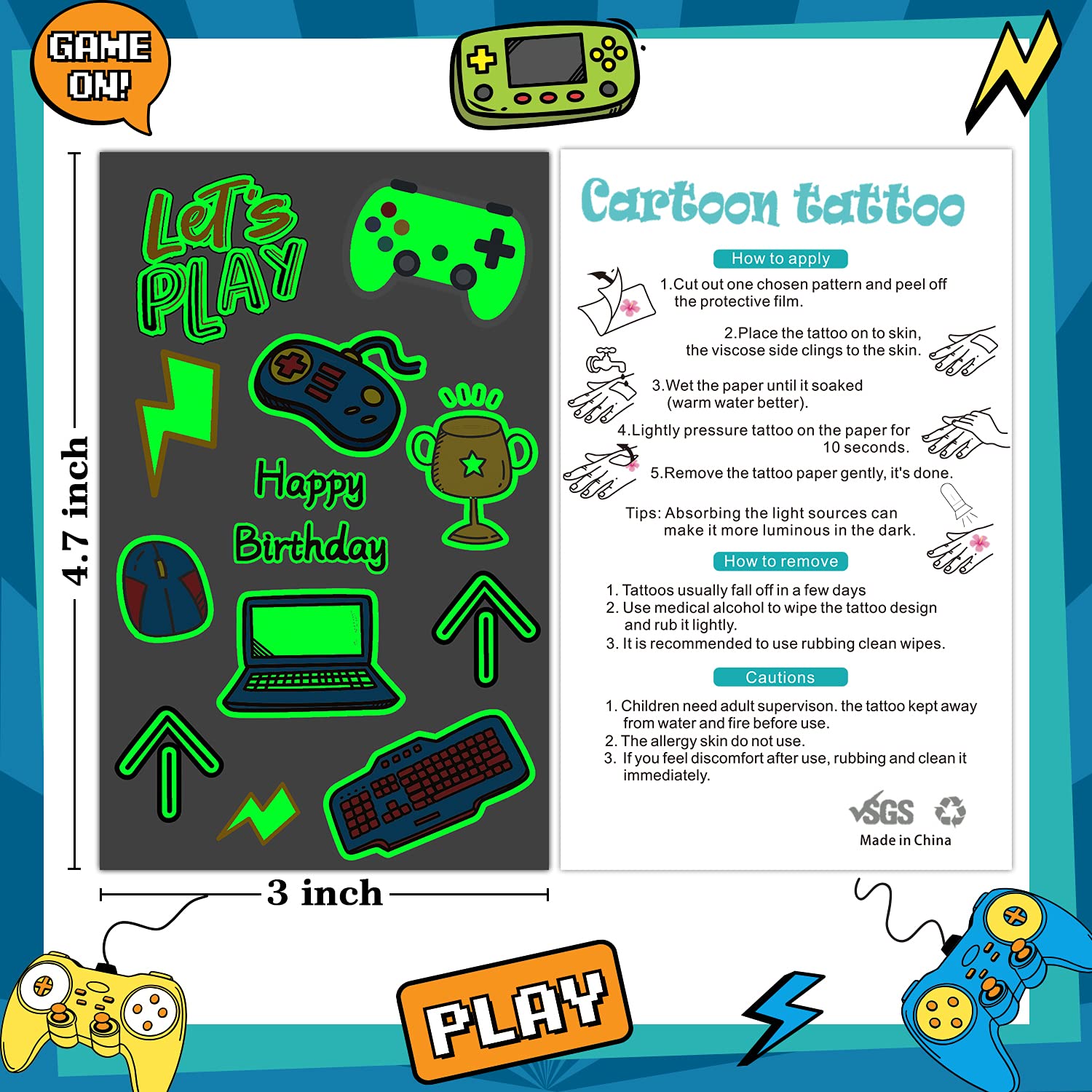 Partywind Glow in the Dark Video Game Temporary Tattoos for Kids - 158 Styles Gamer Birthday Party Supplies, Decorations & Favors for Boys - Fun Fake Tattoo Stickers for Gaming Themed Parties, Halloween & Cosplay Events