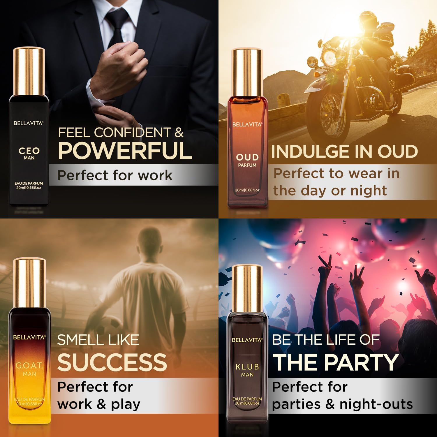 Be'llaVita Luxury Men's Perfume Gift Set - 4 x 20ml EDP Fragrances (KLUB, OUD, CEO, G.O.A.T) | Woody & Citrusy Long-Lasting Cologne for Men | Perfect for Gifts, Date Nights & Special Occasions