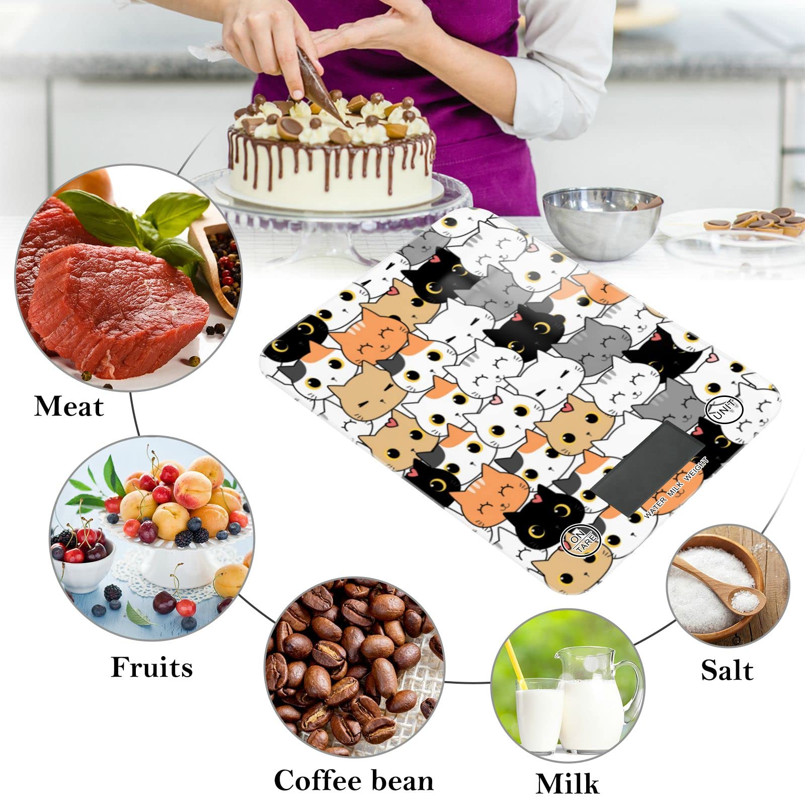 Cute Cat Kitten Cartoon Food Scale - Waterproof Digital Kitchen Scales for Weight in Ounces & Grams, Coffee Scale for Kitchen, Jewelry, Baking, and Small Items - Perfect for Home, Office, and Travel Use