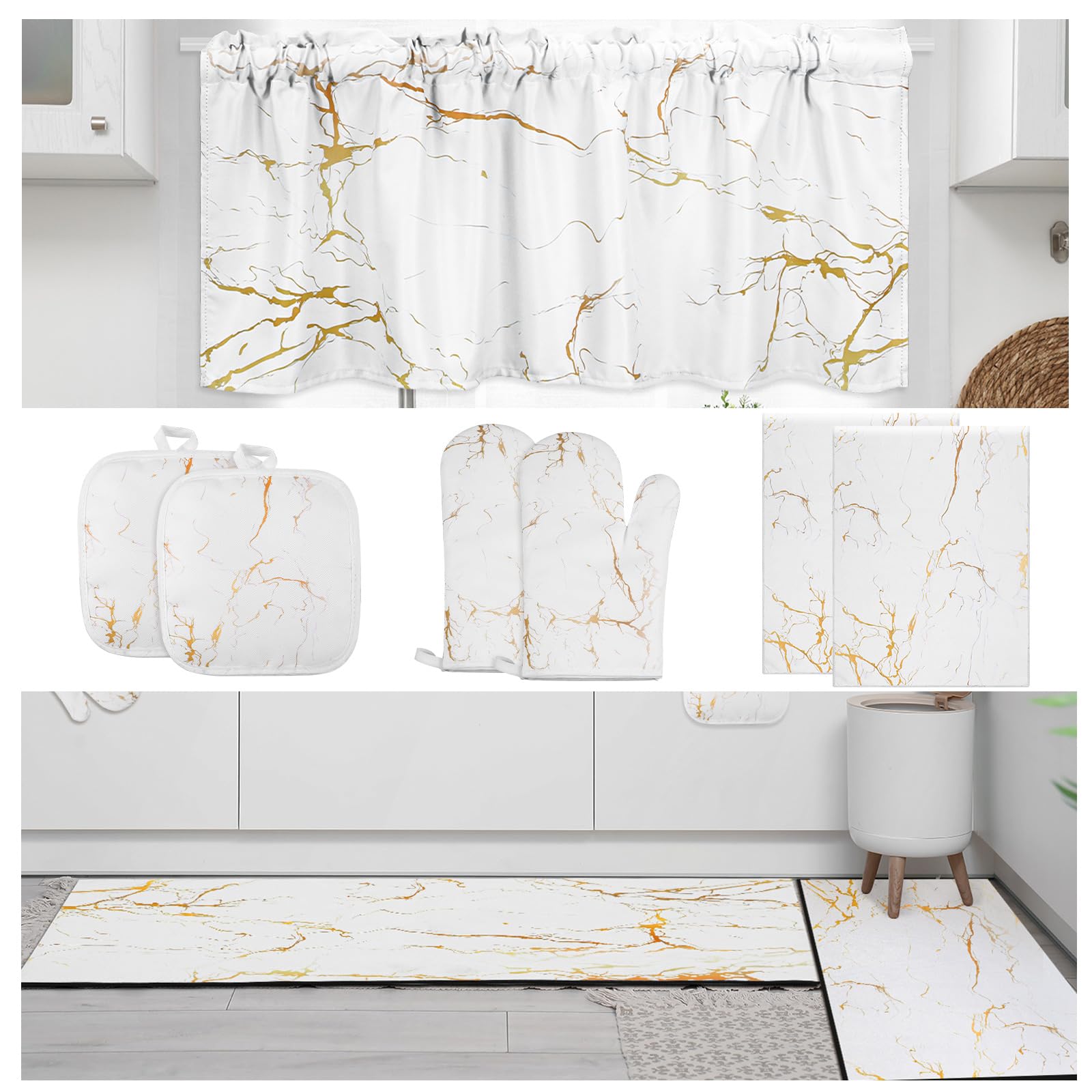 Newwiee 10-Piece Farmhouse Kitchen Decor Set - Dish Towels, Pot Holder, Oven Mitts, Non-Slip Kitchen Rugs & Window Valances - White Gold Marble Style for Holiday Cooking, Baking & Home Decor