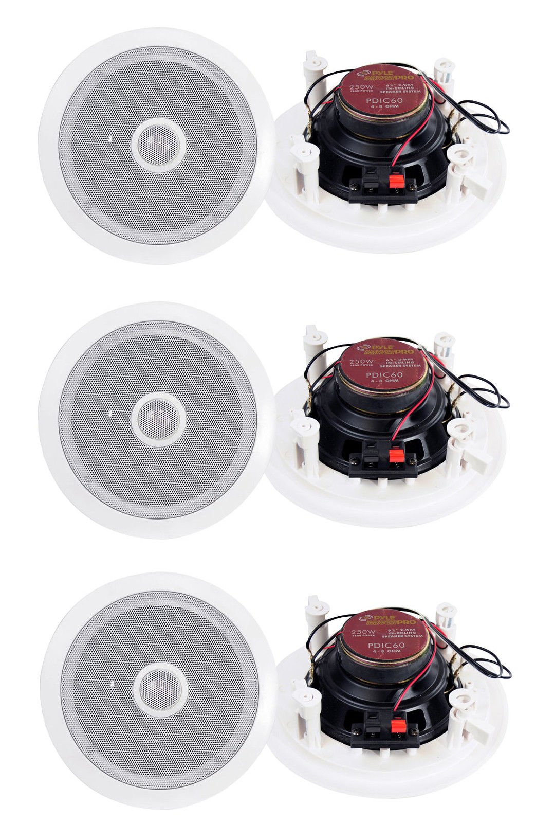 Pyle PDIC60 6.5 Inch 250 Watt 2-Way In-Wall/Ceiling Speakers (3 Pair) - Premium Home Audio System for Living Room, Bedroom & Home Theater Installation